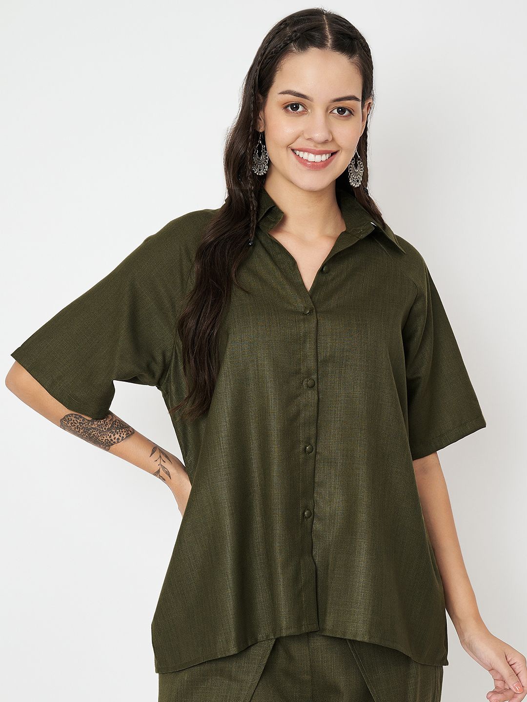 

9rasa Extended Sleeves Cotton Shirt Style Top, Olive