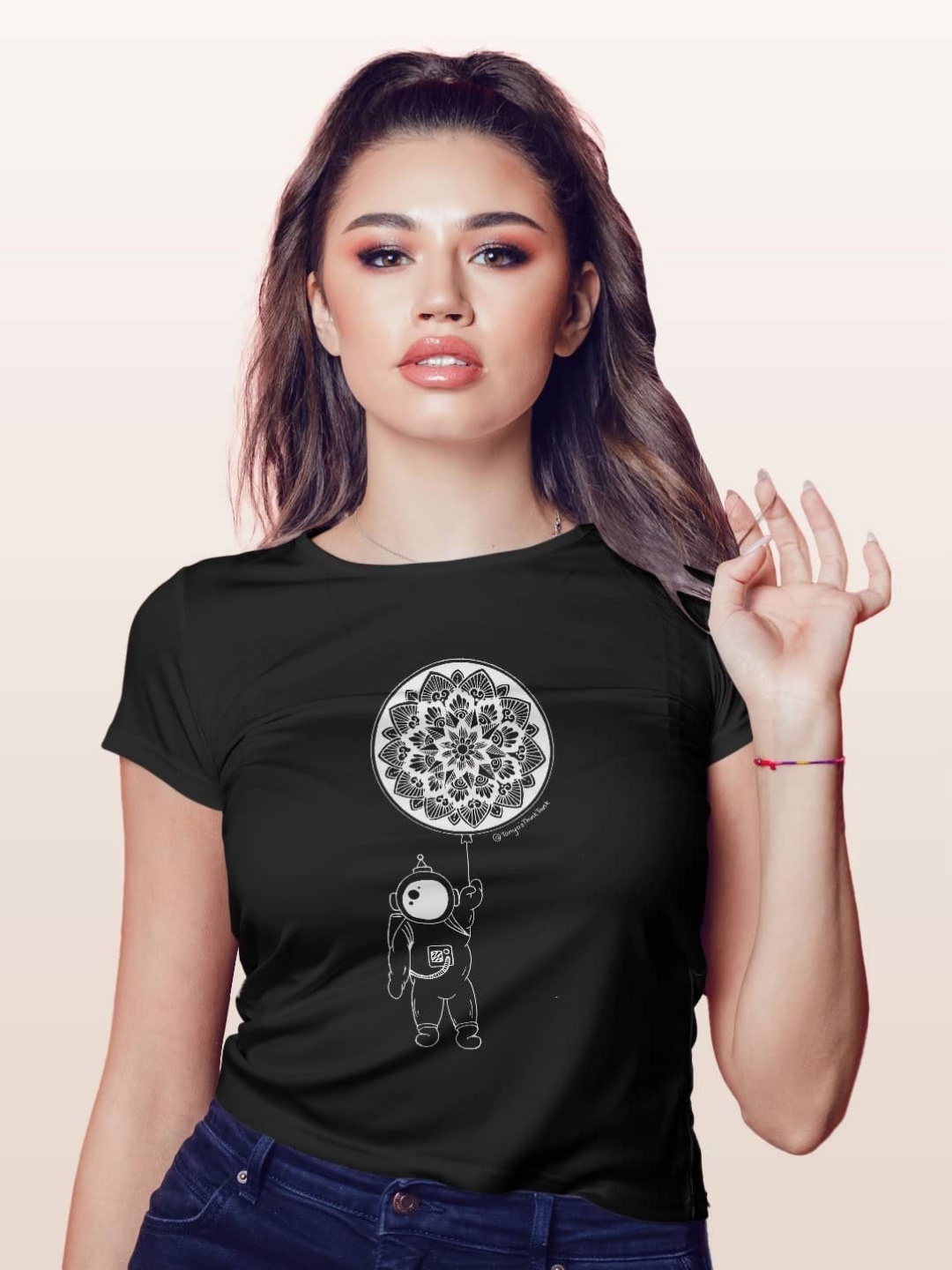 

macmerise Women Printed Applique T-shirt, Black