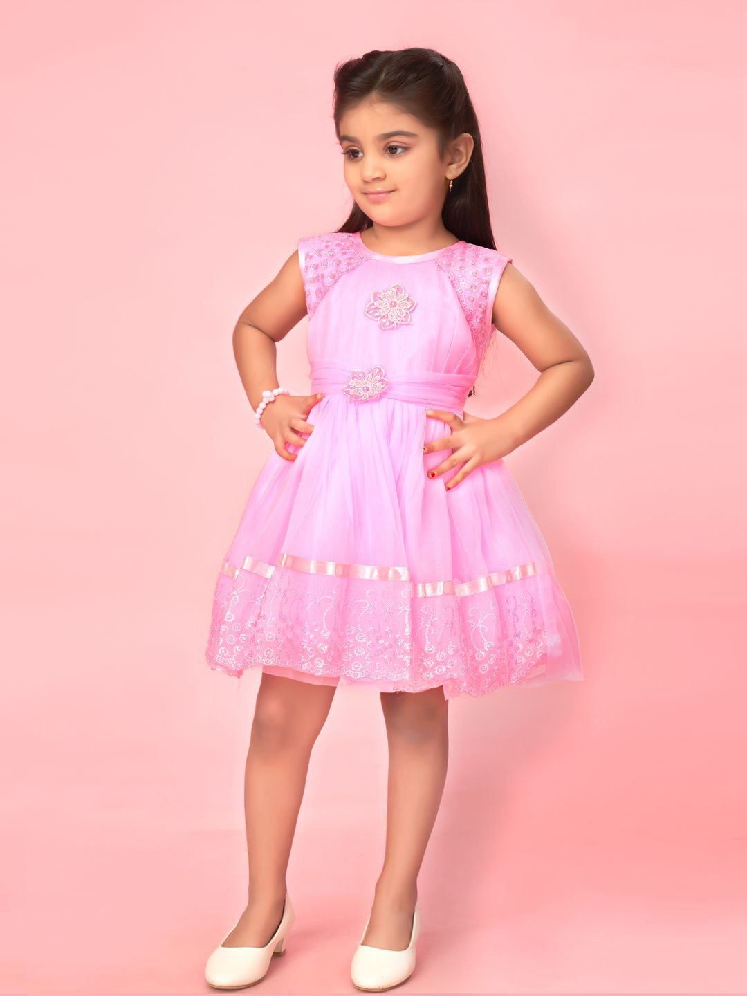 

BAESD Girls Net Self-Design Fit & Flare Dress, Pink