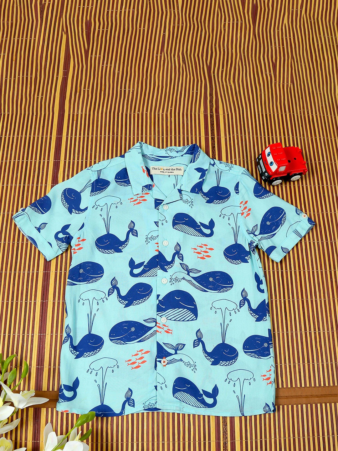 

The Lion and The Fish Boys Comfort Cuban Collar Graphic Printed Relaxed Fit Casual Shirt, Blue