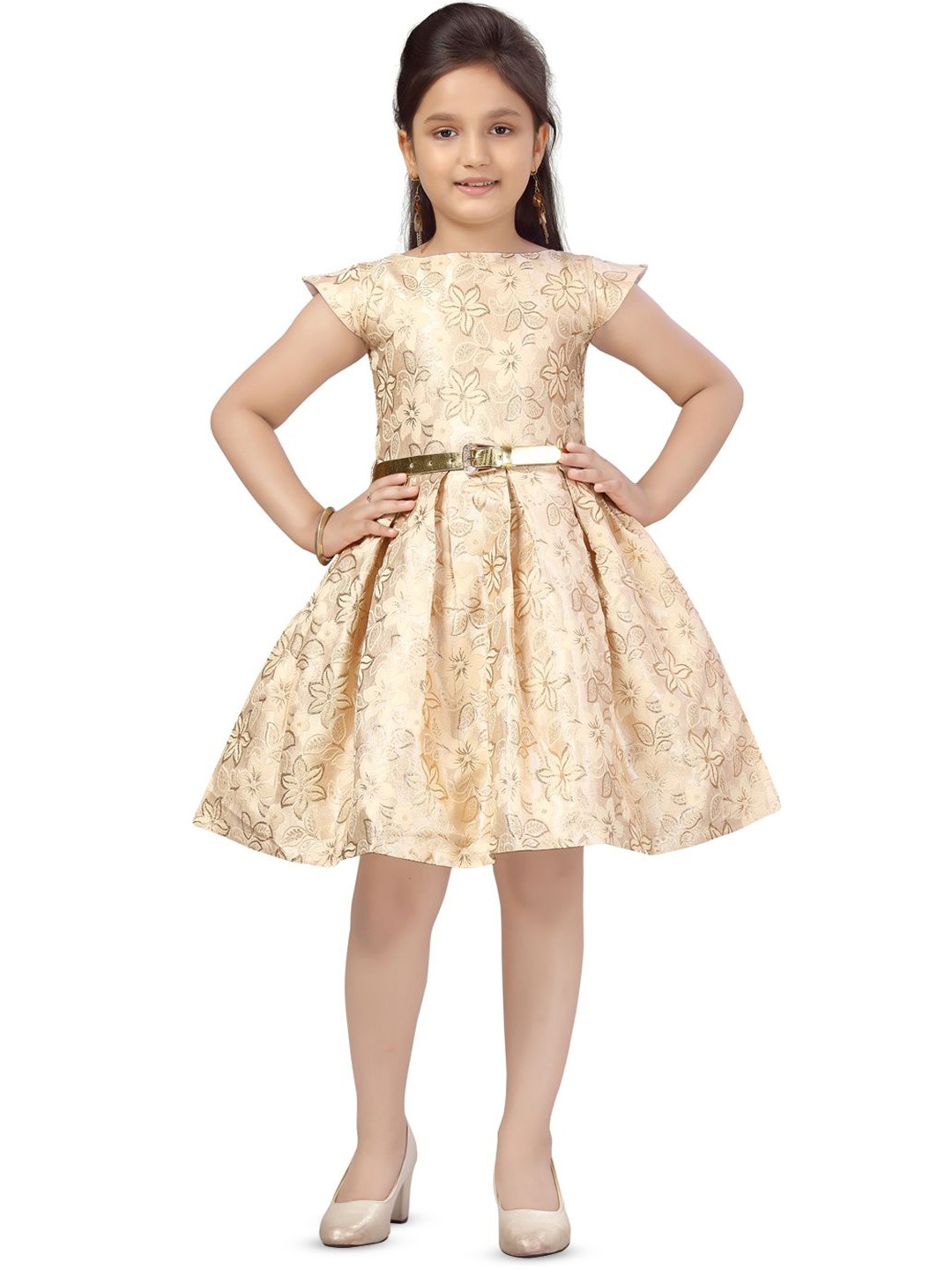 

BAESD Girls Round Neck Cape Sleeves Fit & Flare Dress, Beige