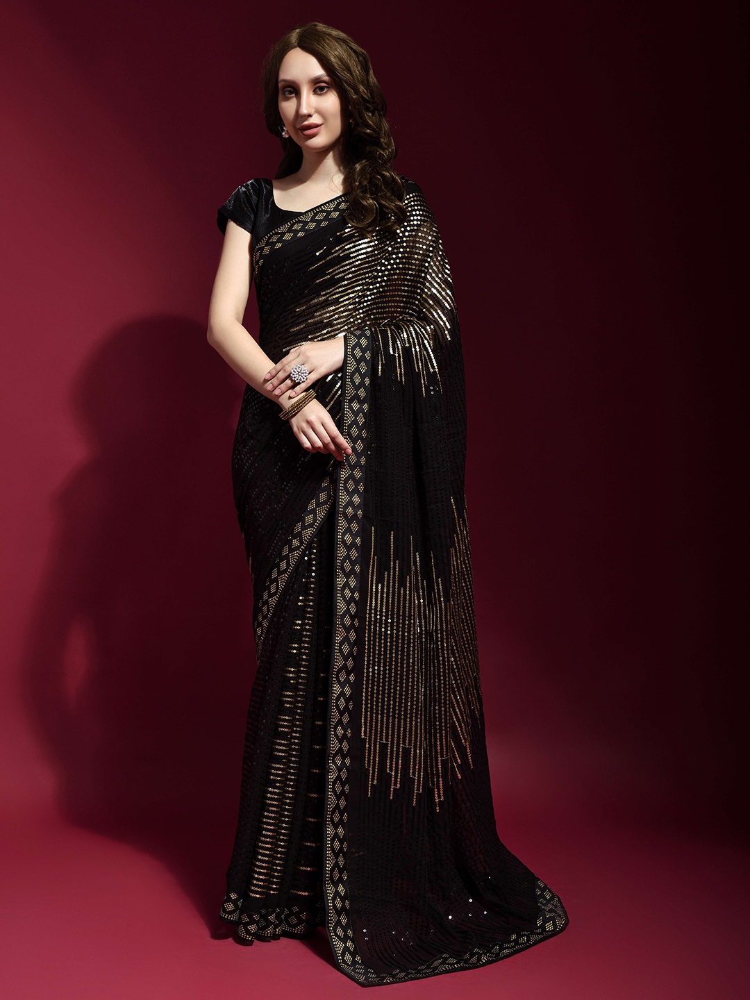 

QVAZOR Embellished Sequinned Pure Georgette Heavy Work Saree, Black