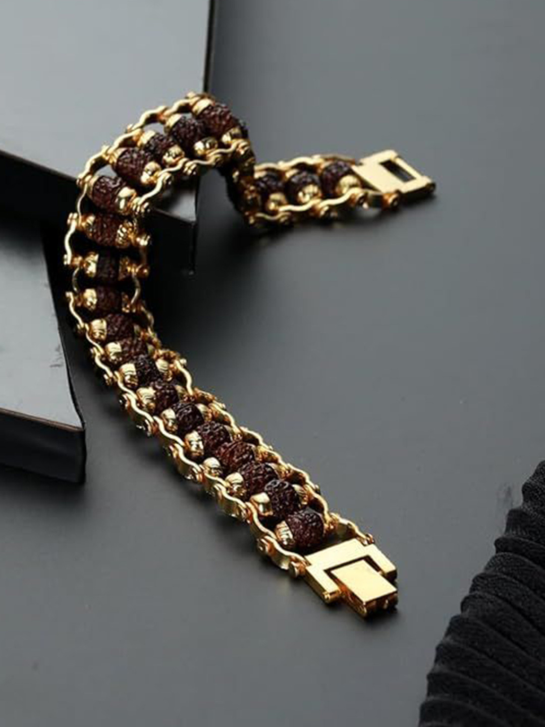 

MEENAZ Men Stainless Steel Gold-Plated Beaded Wraparound Bracelet