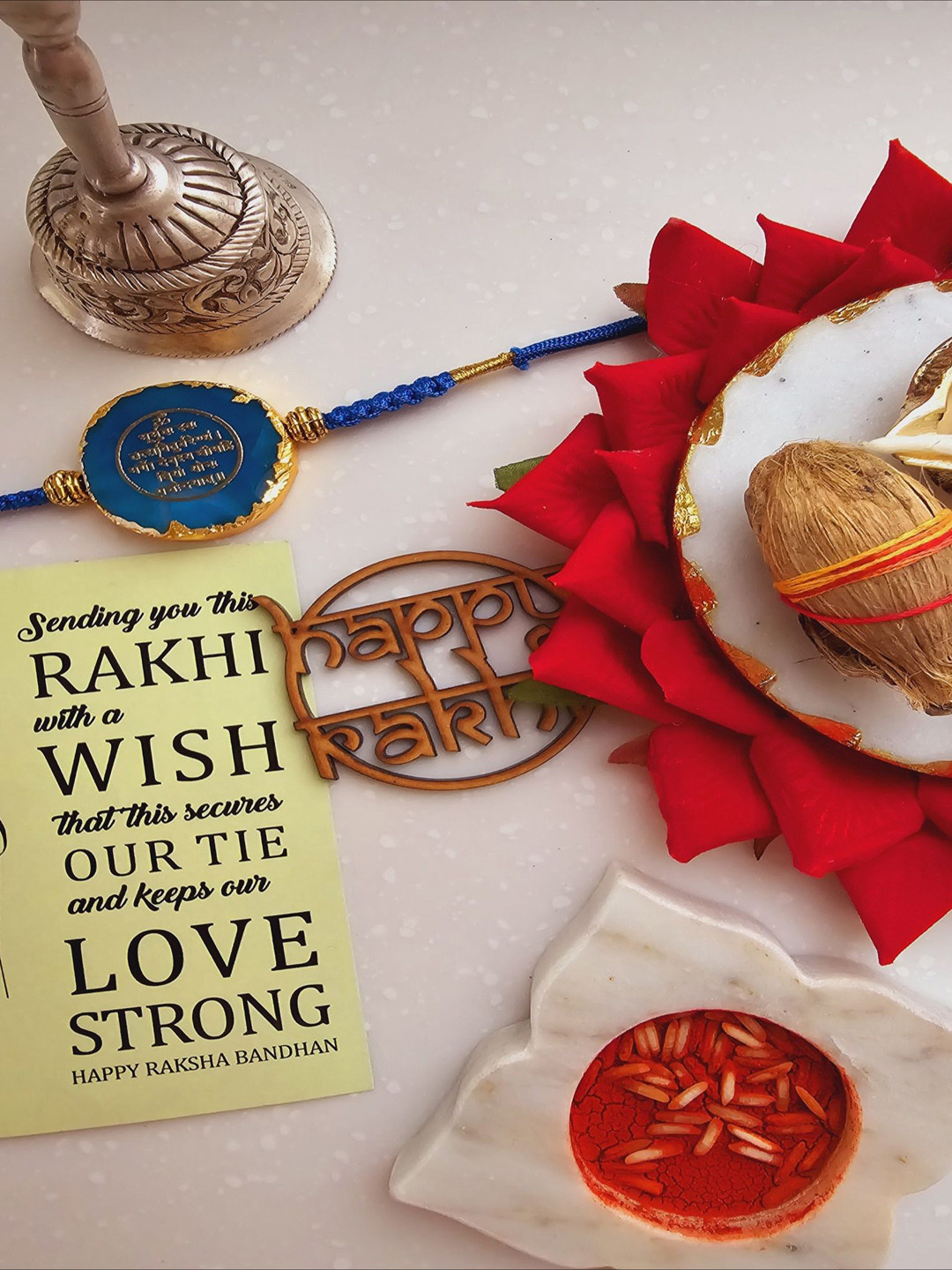 

HOMEARTE Agate Stone Designer Thread Rakhi With Greeting Card & Roli Chawal, Turquoise blue