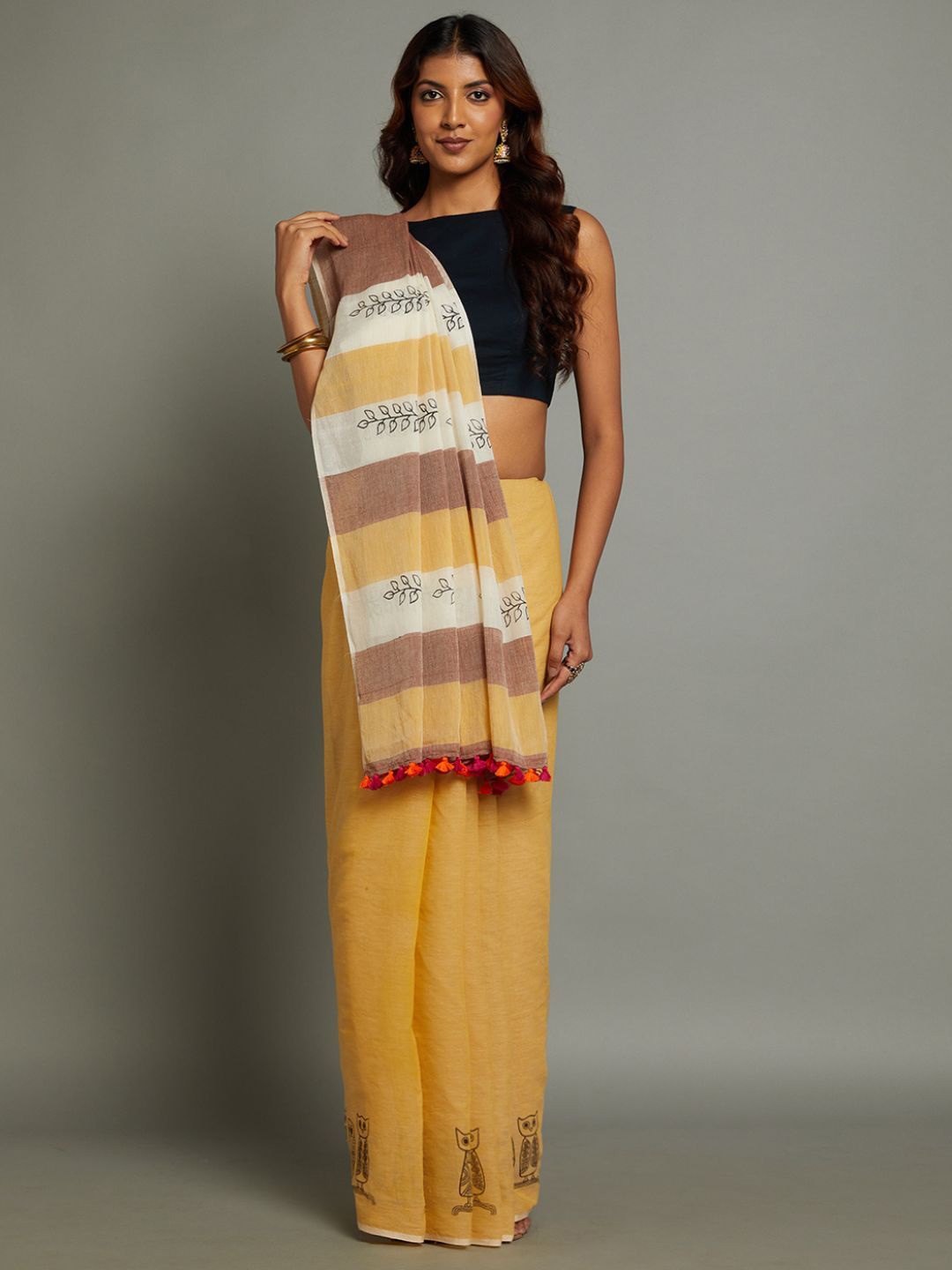 

ArtEastri Ethnic Motifs Pure Cotton Saree, Beige