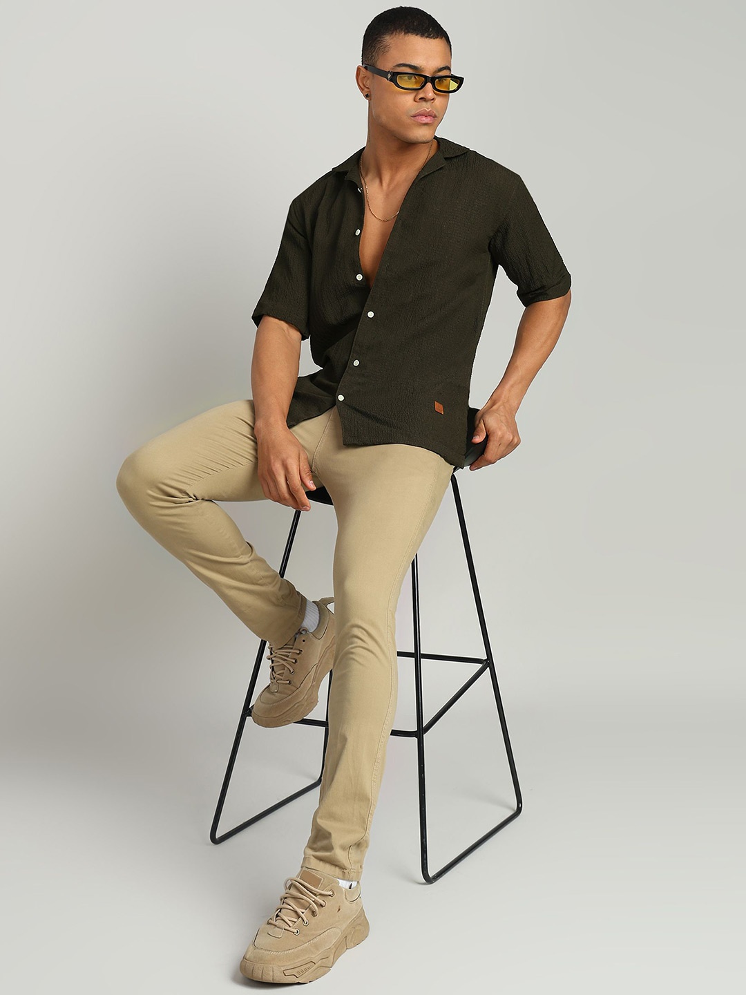 

FUBAR Men Cuban Collar Textured Solid Linen Slim Fit Casual Shirt, Black