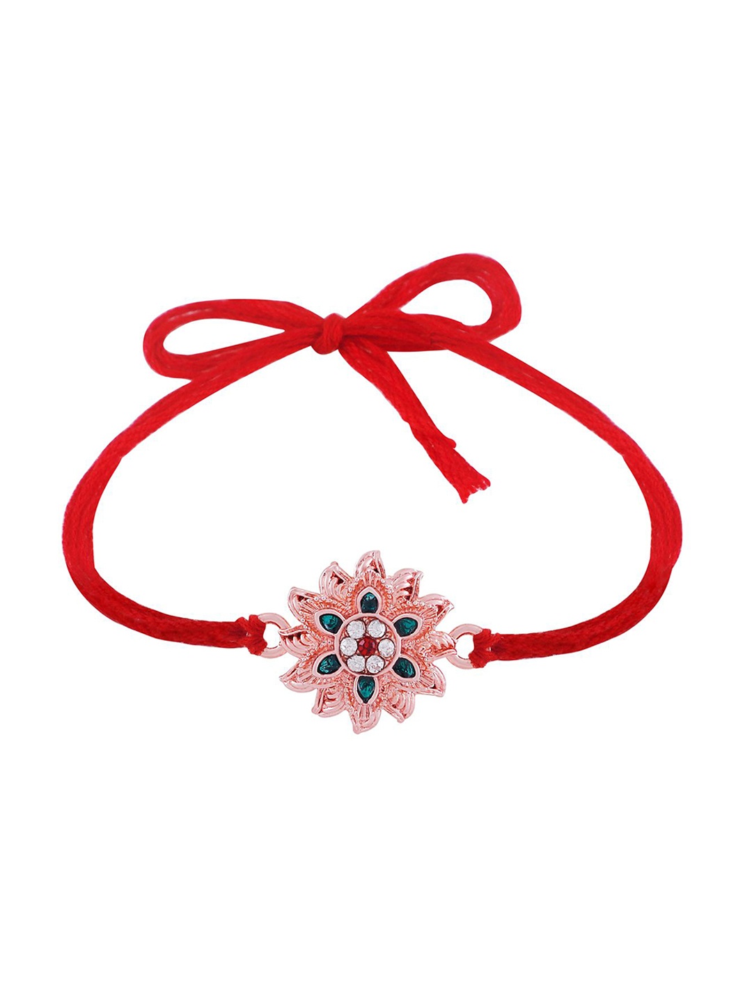 

Okos Rose Gold Plated Blooming Flower Style Stones Thread Rakhi