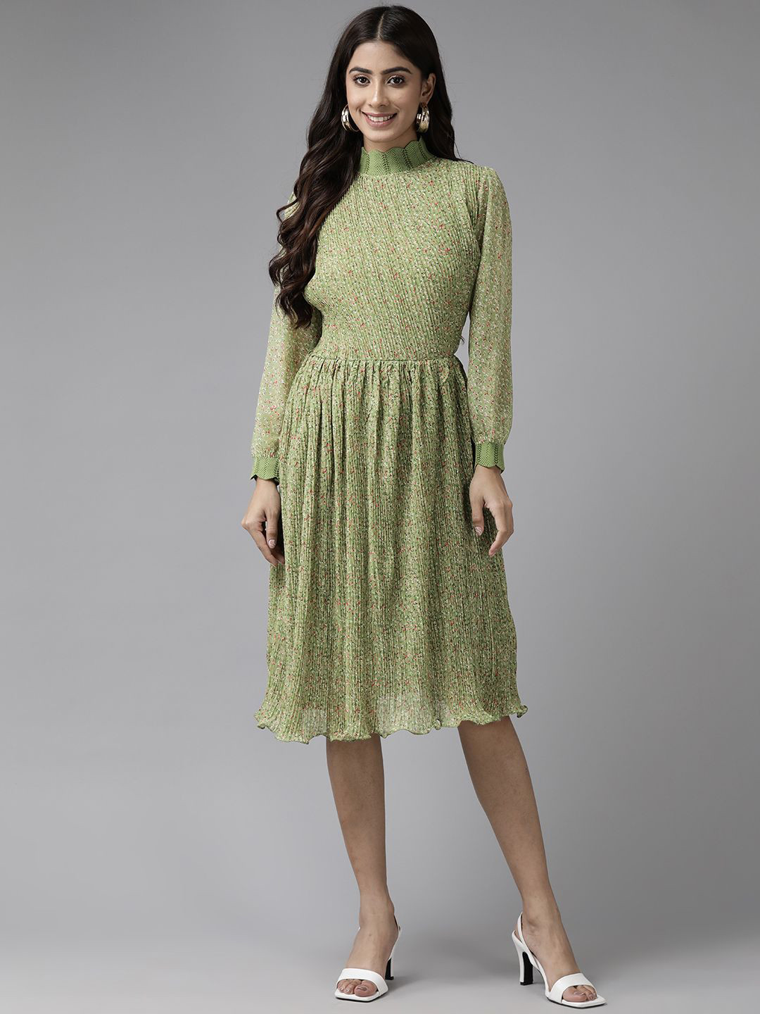 

BAESD Printed Mock Neck Puff Sleeve Georgette Fit & Flare Dress, Green