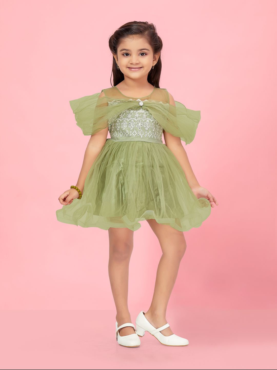 

BAESD Girls Embroidered Sleeveless Net Fit & Flare Dress, Green