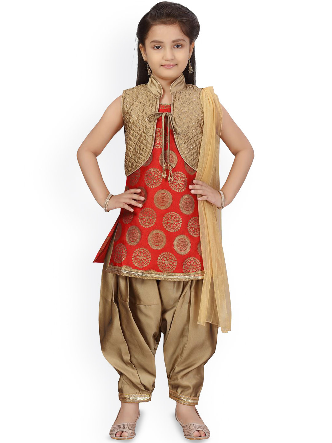 

BAESD Girls Straight Pure Silk Kurta with Patiala & Dupatta, Red