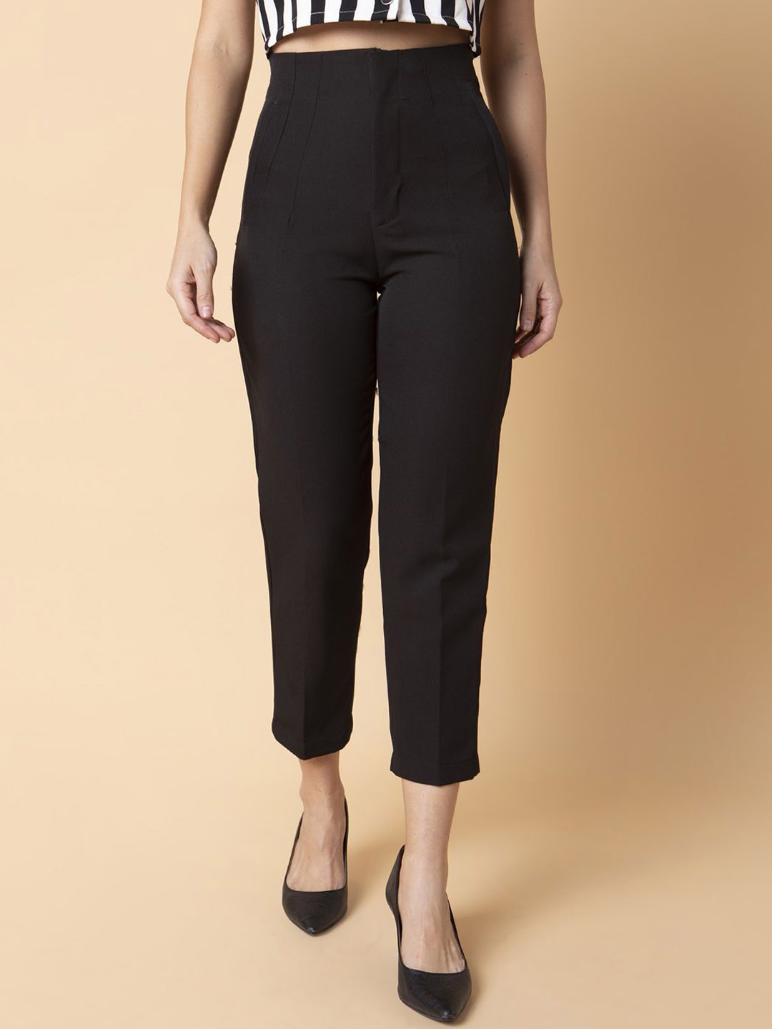 

SHOWOFF Women Comfort Pleated Slim Fit Trousers, Black