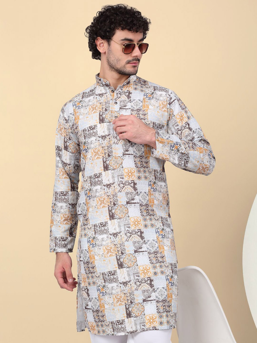 

KRAFT INDIA Ethnic Motifs Printed Mandarin Collar Cotton Straight Kurta, Yellow