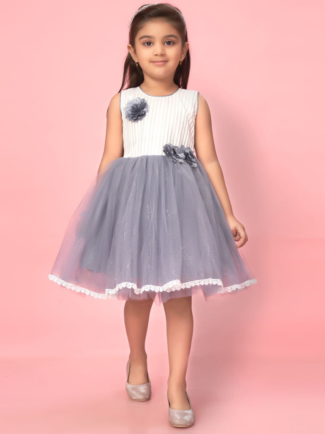

BAESD Girls Round Neck Sleeveless Applique Details Net Fit & Flare Dress, Grey