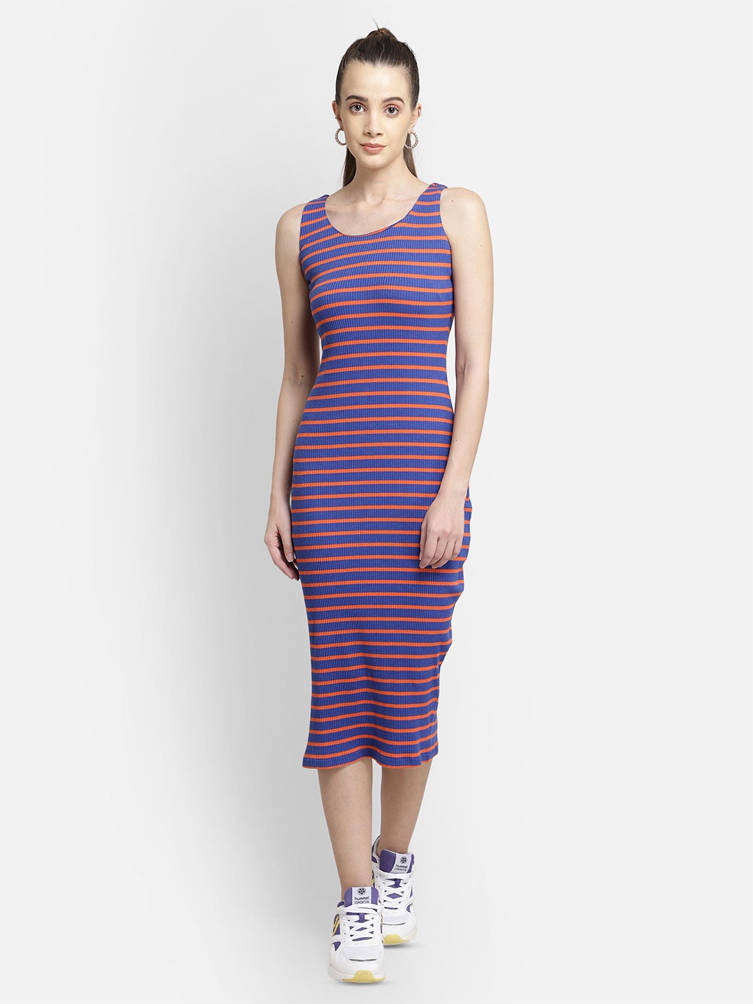 

Yaadleen Striped Printed Sleeveless Sheath Midi Dress, Blue