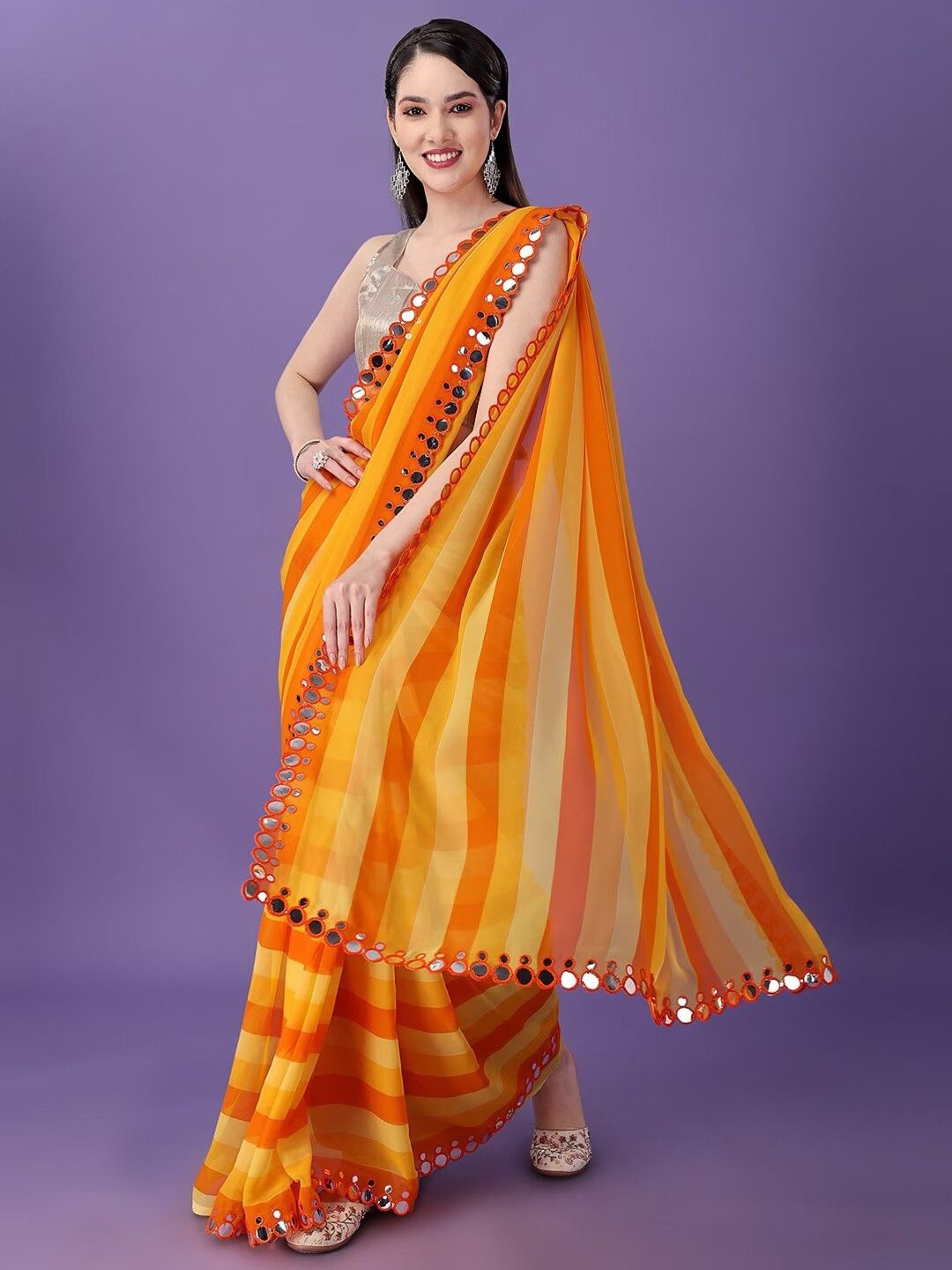 

QVAZOR Striped Mirror Work Pure Georgette Saree, Orange