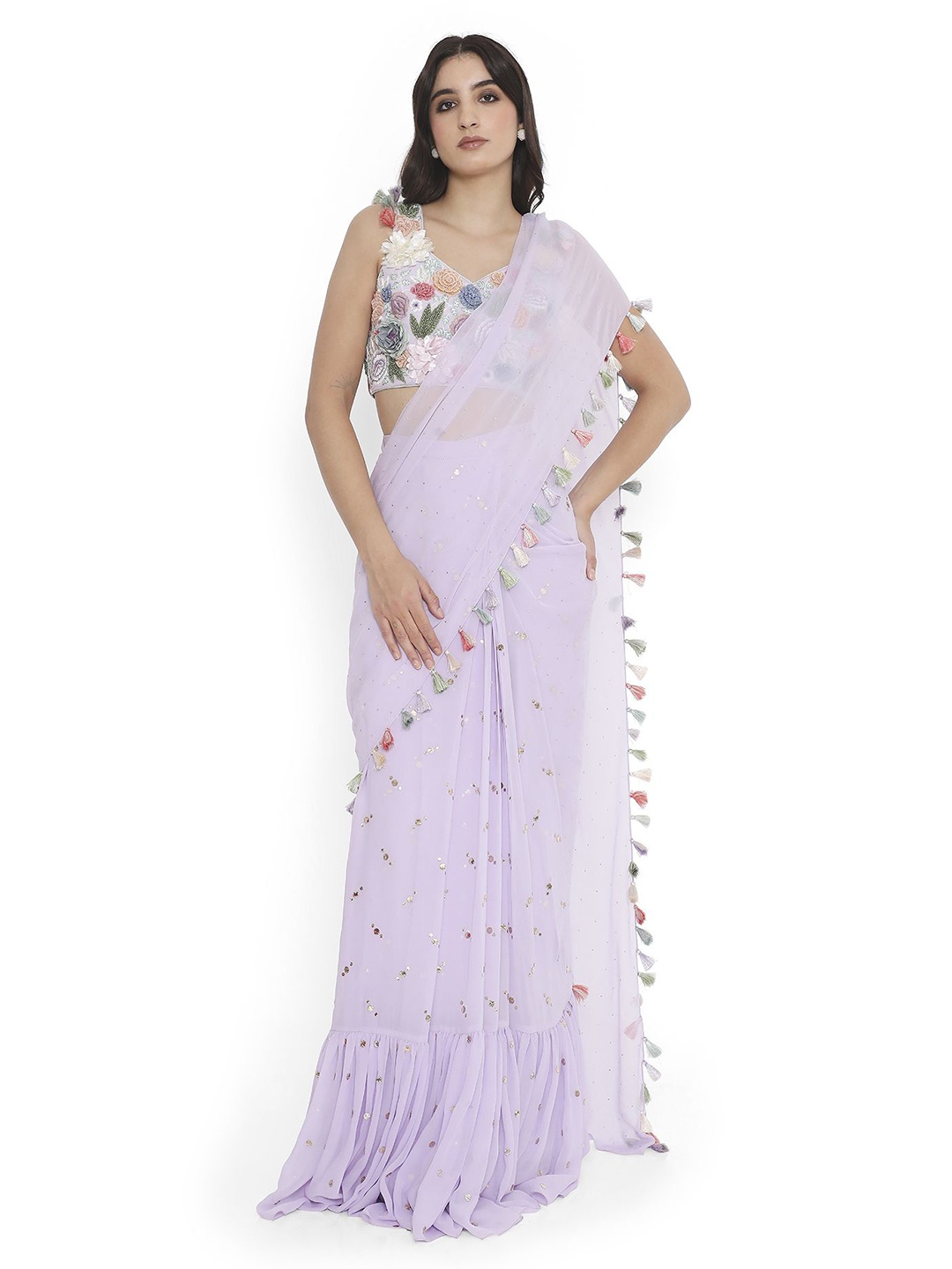 

Payal Singhal Floral Embroidered Mirror Work Ready to Wear Saree, Lavender