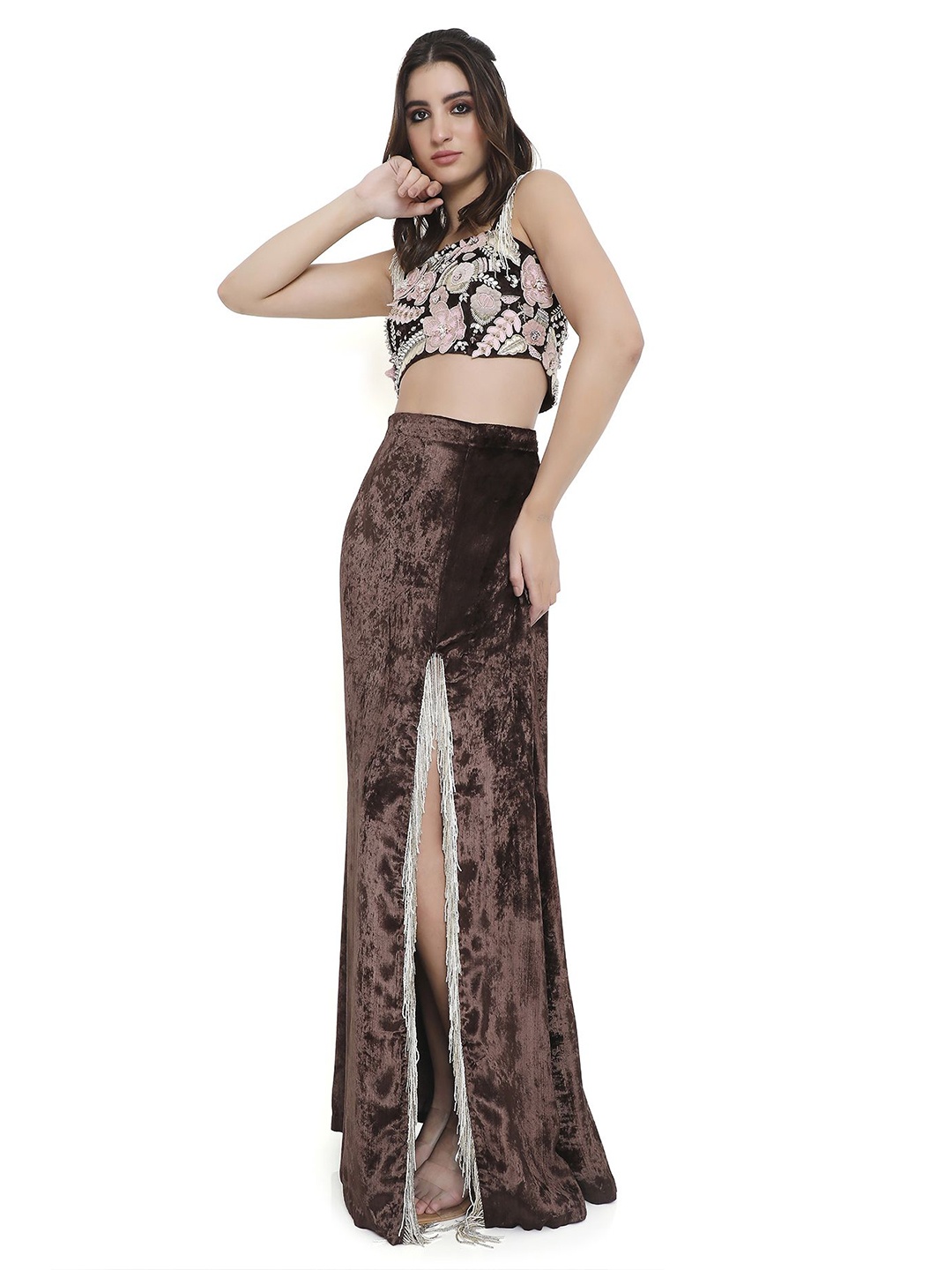 

Payal Singhal Embroidered Sleeveless Top With Skirt, Brown