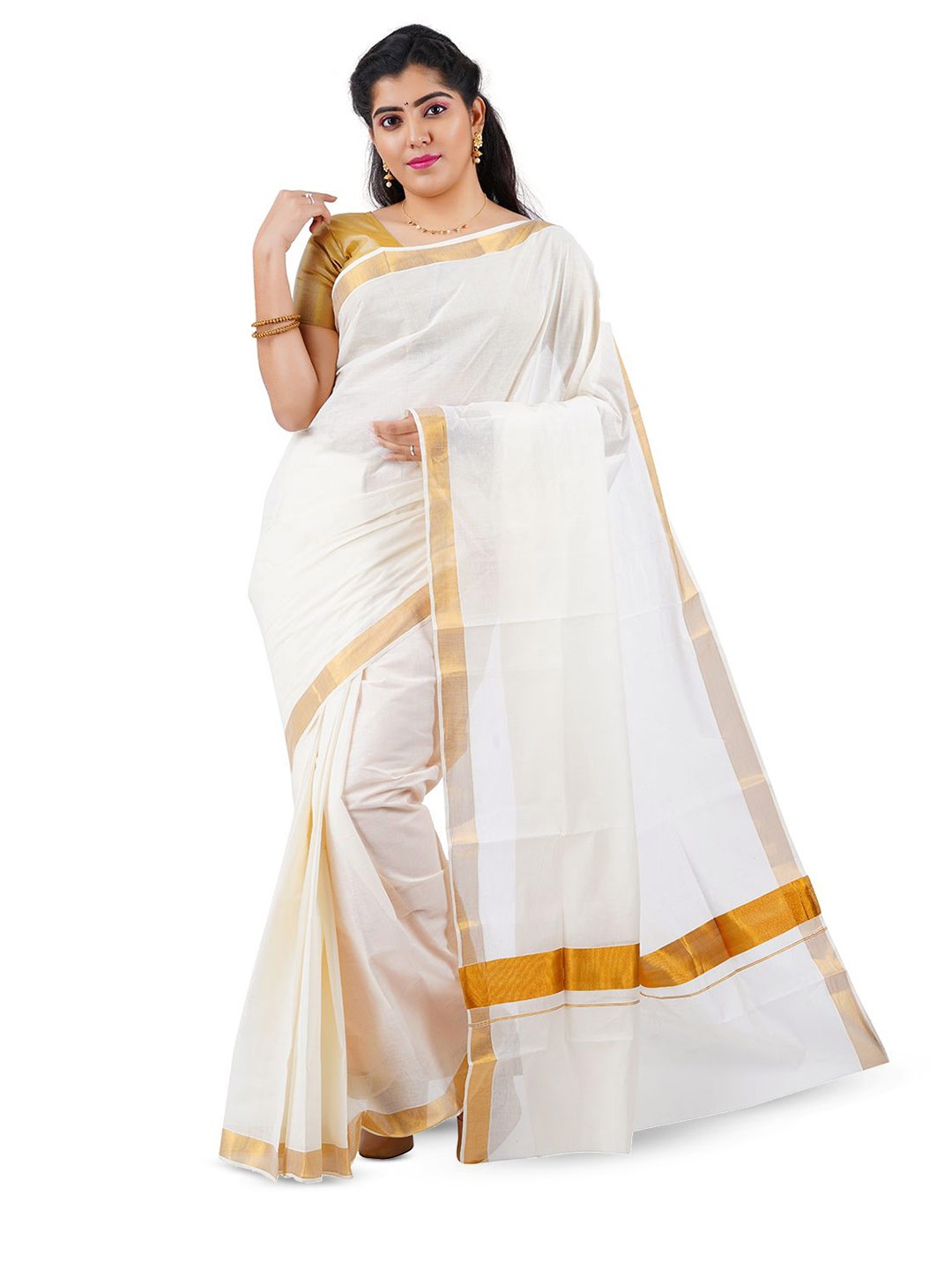 

Rst R Selvamani Tex Zari Pure Cotton Ready to Wear Kasavu Saree, Off white