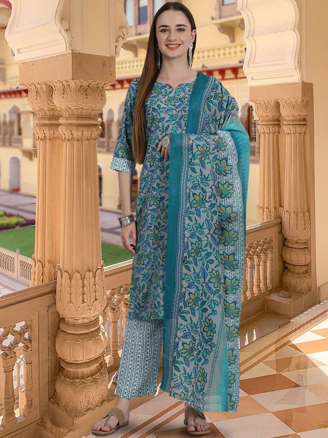 

7Threads Printed Notch Neck Pure Cotton Straight Kurta With Trousers & Dupatta, Grey melange