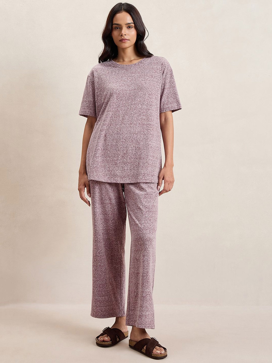 

FEMMELLA Round Neck Side Slit Pure Cotton T-Shirt & Trousers, Maroon