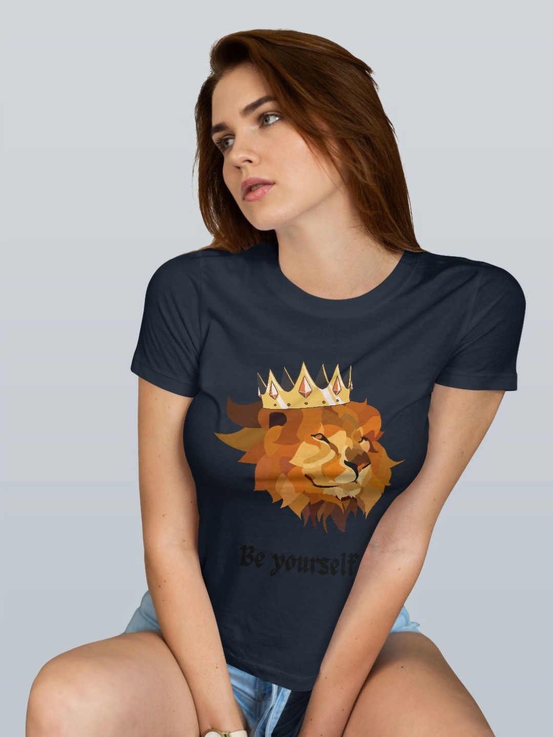 

macmerise Women Printed Applique T-shirt, Navy blue