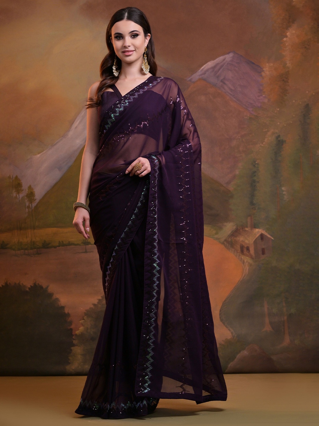 

QVAZOR Ethnic Motifs Sequinned Pure Georgette Saree, Magenta