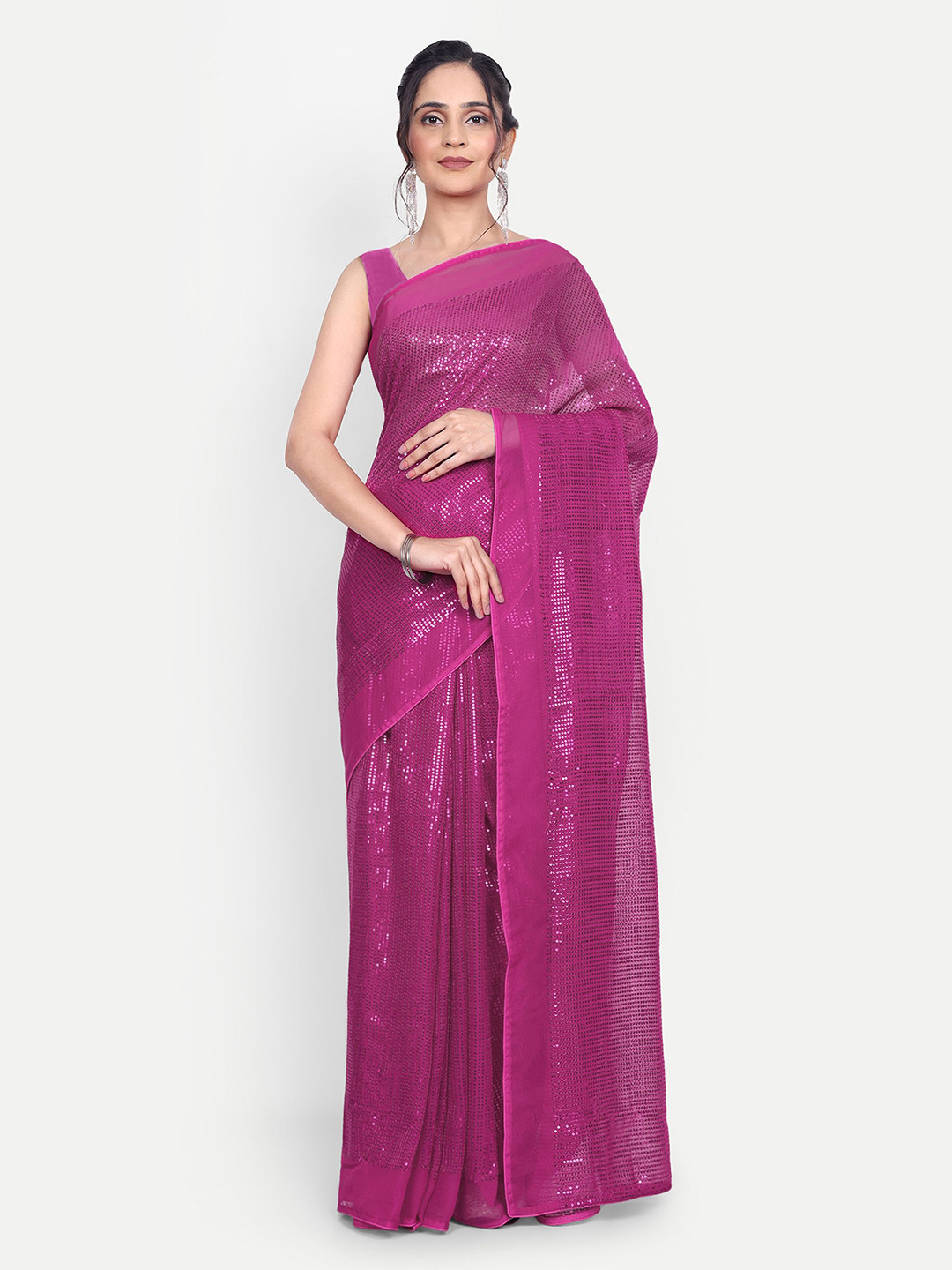 

LTS Label Tripti Saxena Embellished Sequinned Pure Georgette Saree, Magenta
