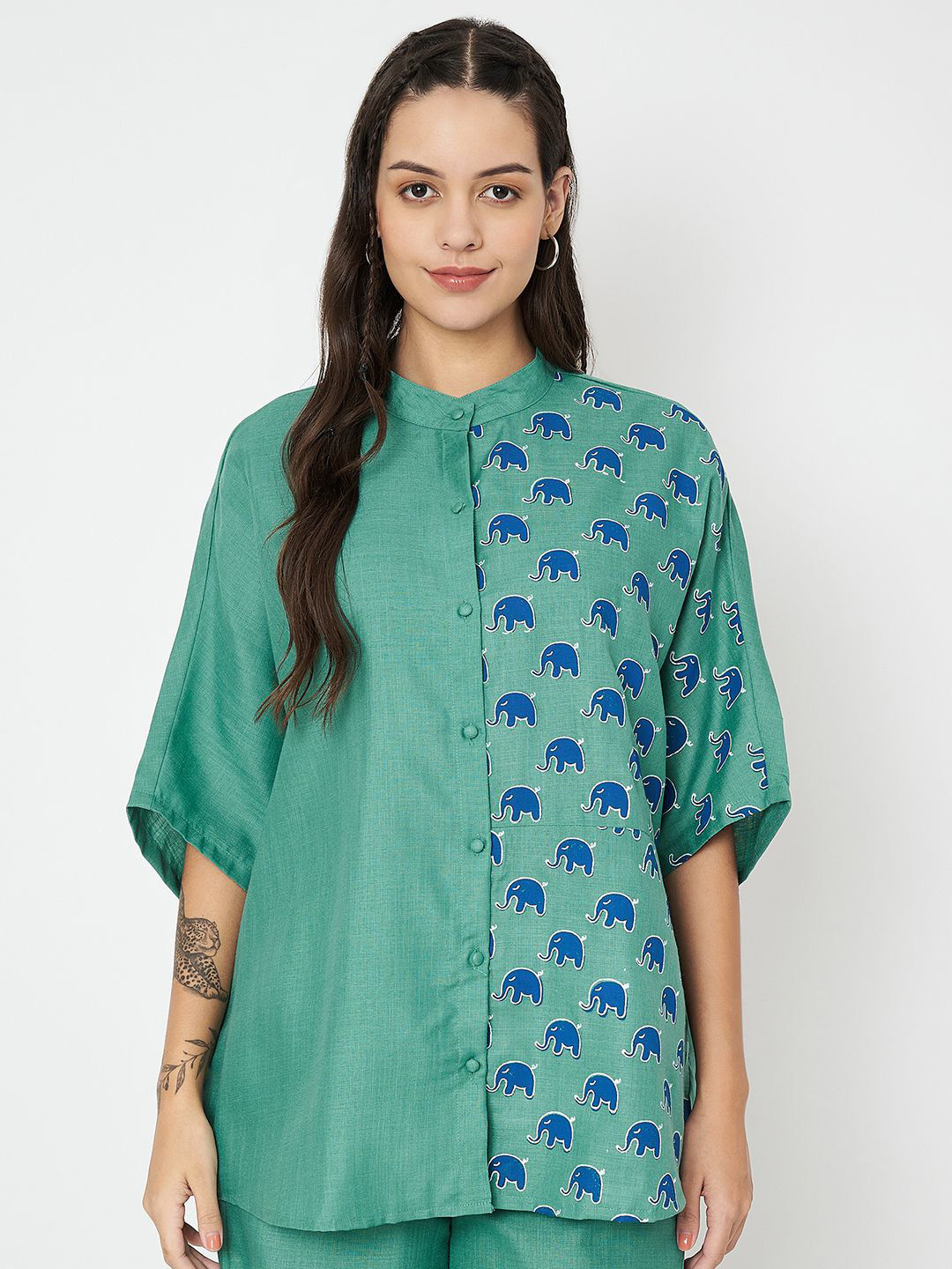 

9rasa Print Mandarin Collar Cotton Shirt Style Longline Top, Green