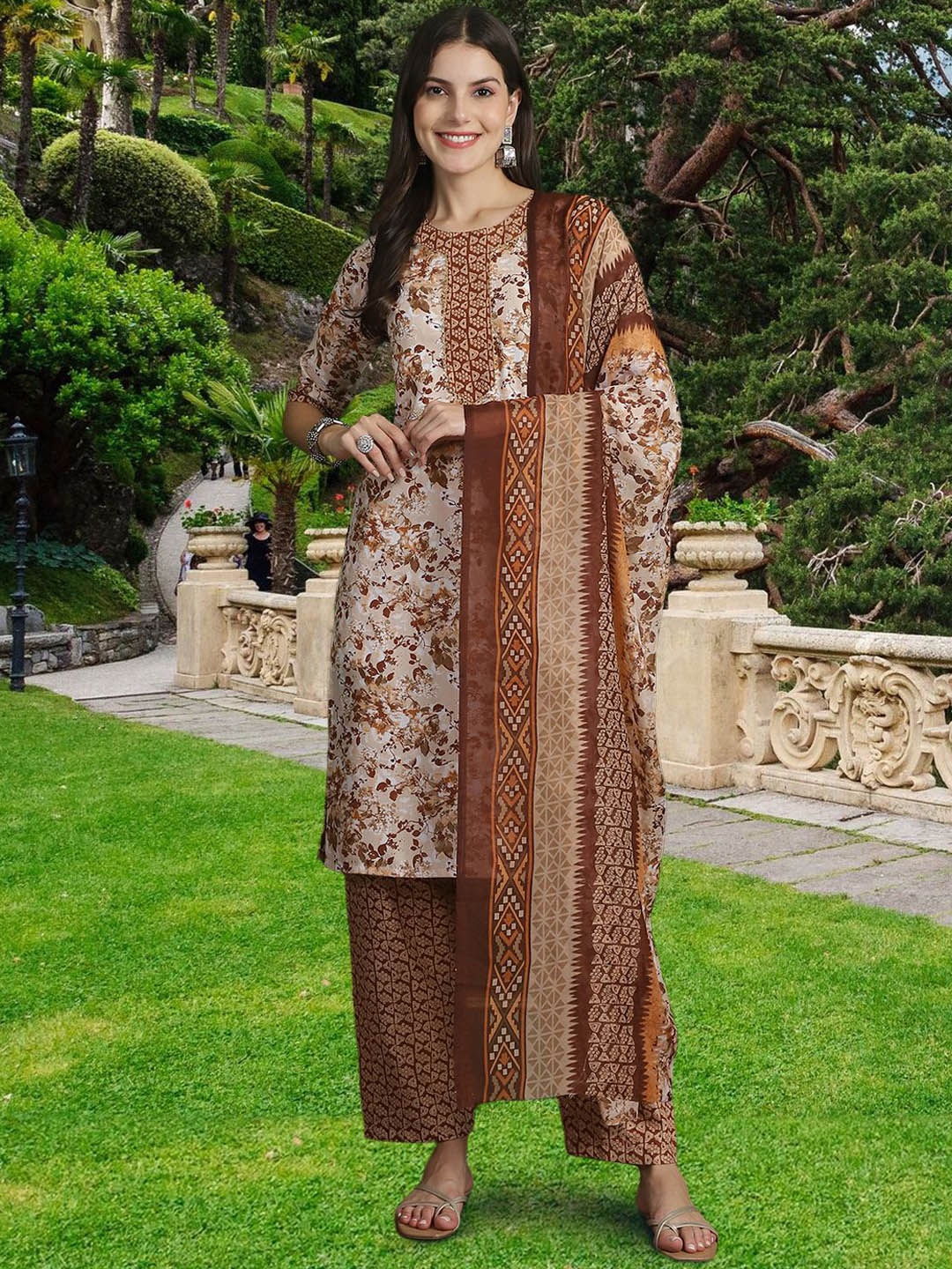 

1 Stop Fashion Floral Printed Pure Cotton Straight Kurta with Trousers & Dupatta, Beige
