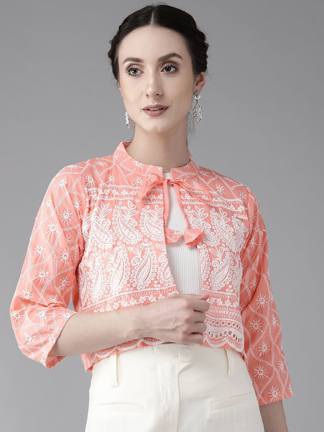 

BAESD Womens Chikan Embroidered Cotton Casual Jacket, Peach