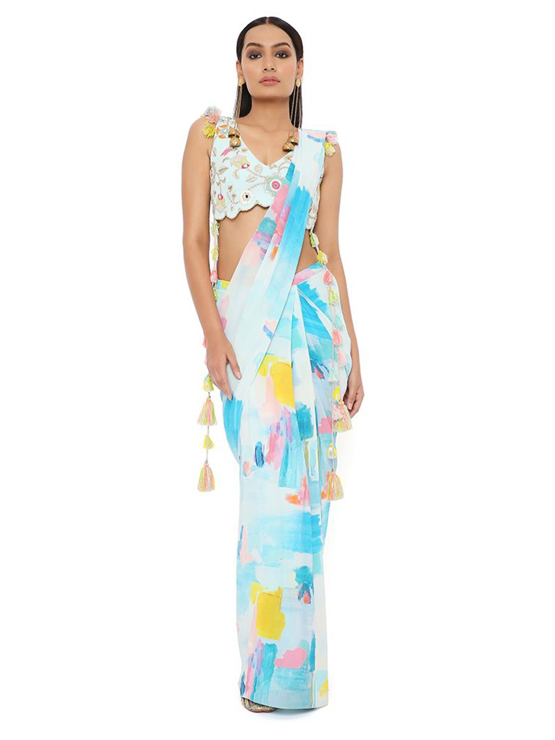 

Payal Singhal Printed Georgette Pre-Stiched Saree With Embroidered Choli, Blue