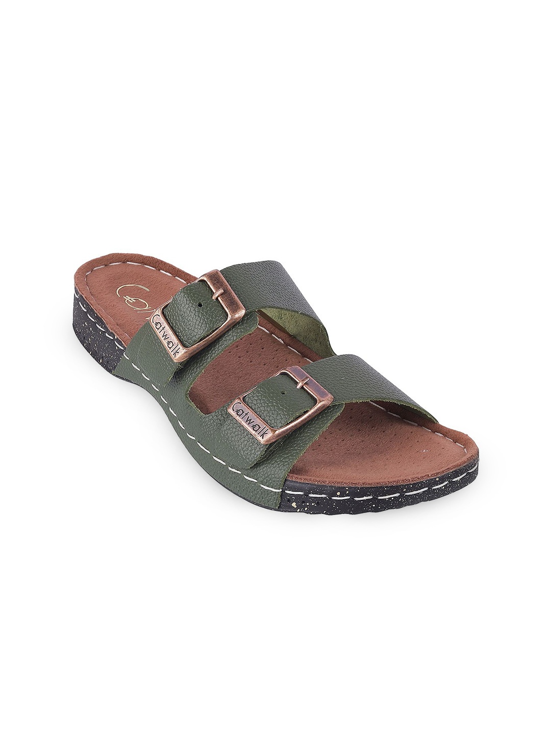 

Catwalk Women Slip On Buckles Open Toe Flats, Green
