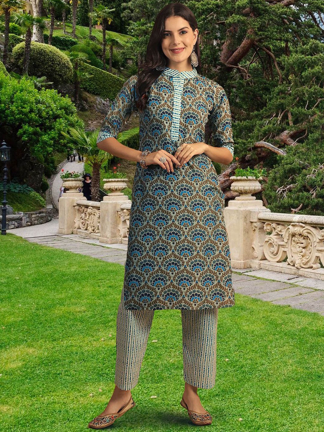 

7Threads Floral Printed Pure Cotton Kurta with Trousers & Dupatta, Teal