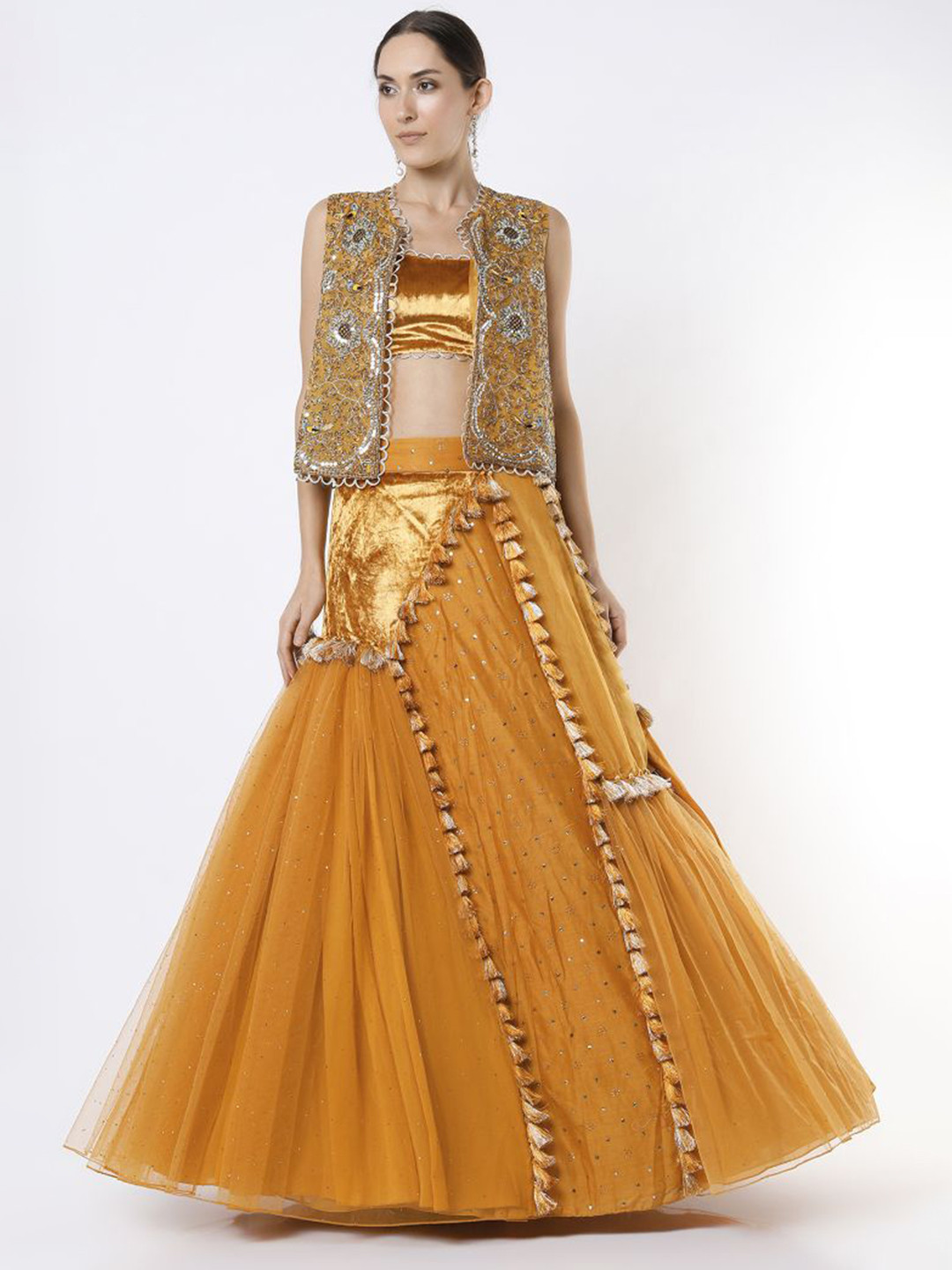 

Payal Singhal Embellished Beads and Stones Ready to Wear Lehenga With Blouse & Jacket, Mustard