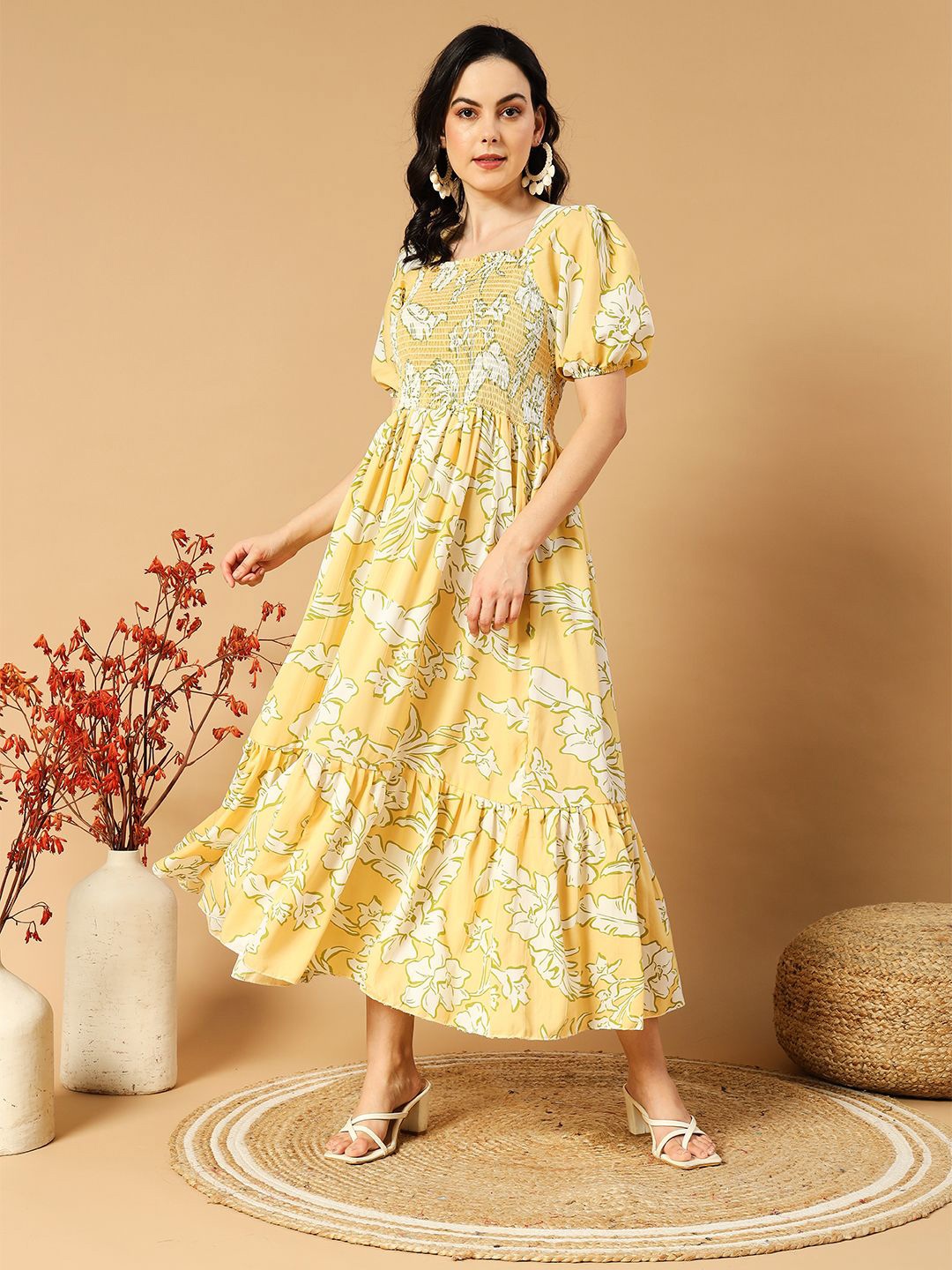 

DEKLOOK Floral Printed Puff Sleeves A-Line Midi Dress, Yellow