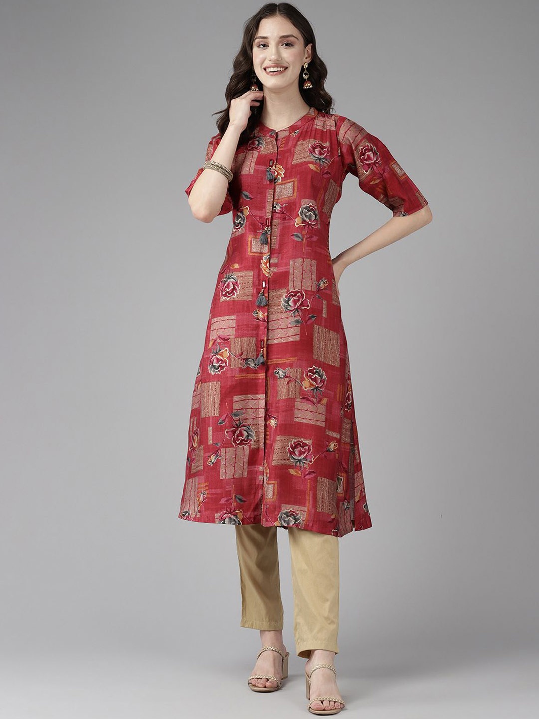 

BAESD Floral Printed Cotton A-Line Kurta, Red