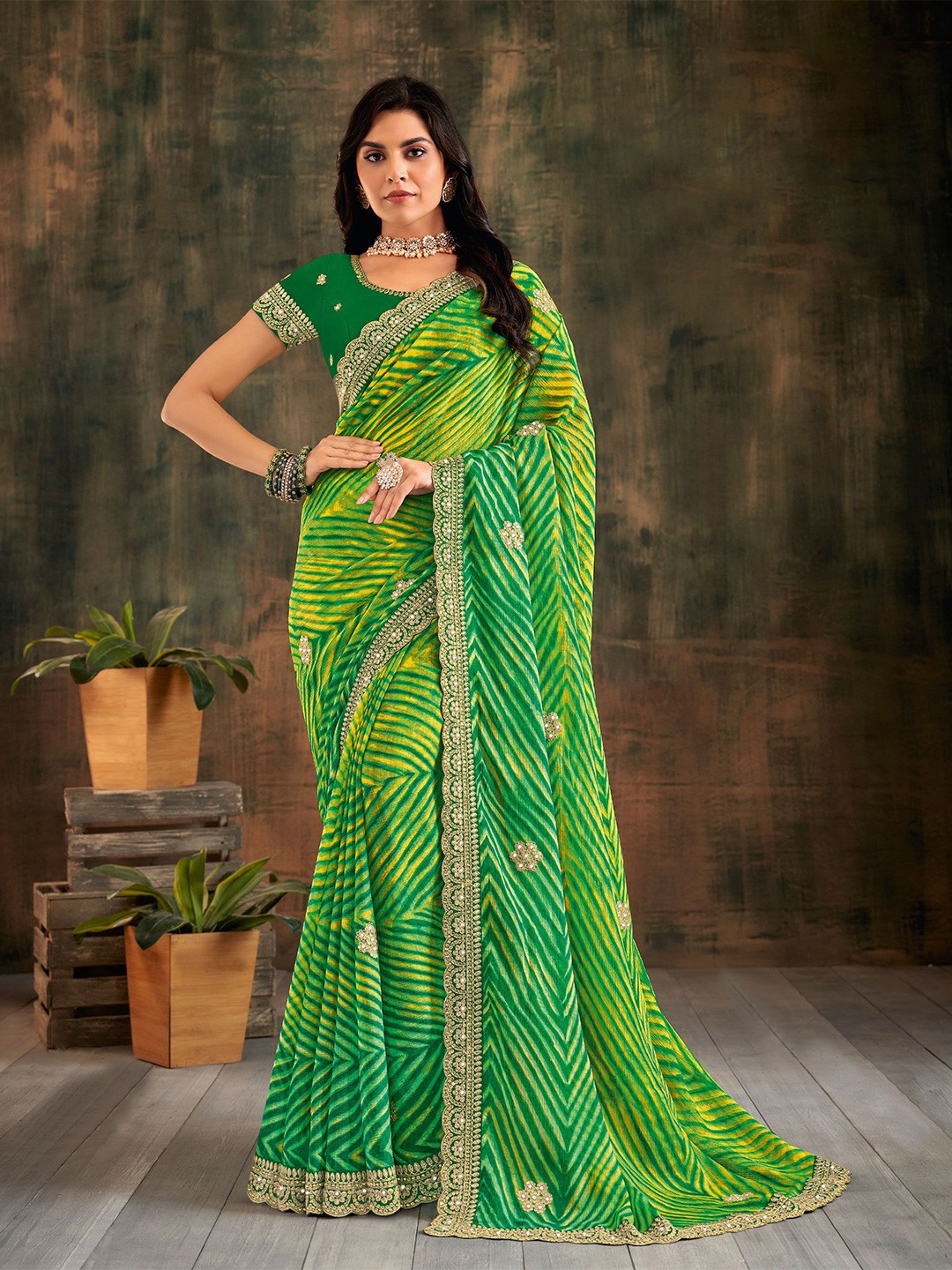

Laxmipati Leheriya Embroidered Saree, Green