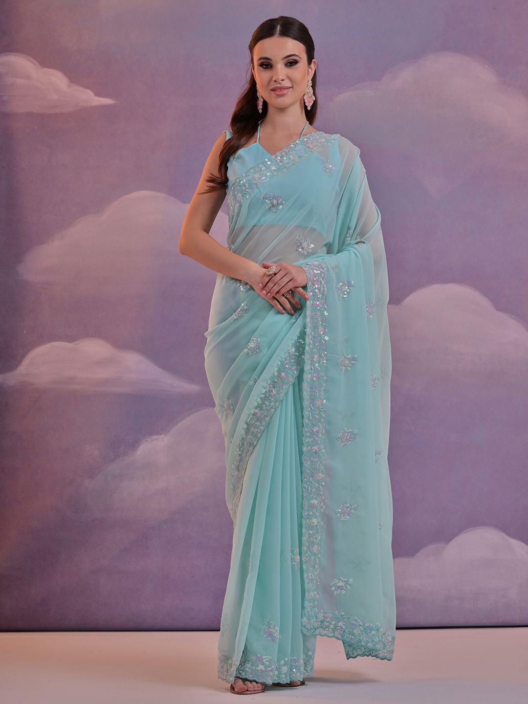 

QVAZOR Floral Sequinned Pure Georgette Saree, Blue