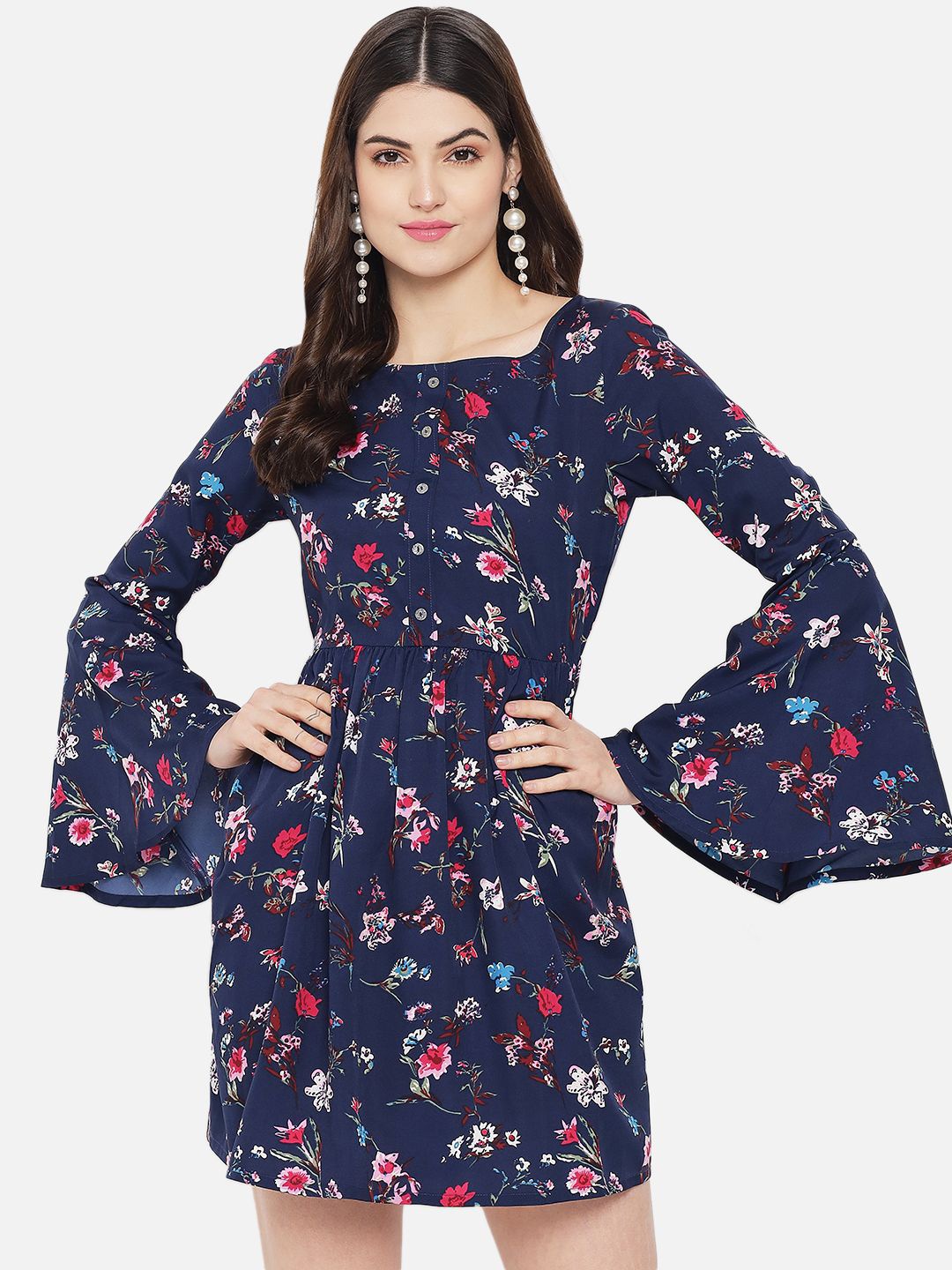 

Yaadleen Women Floral Print Square Neck Bell Sleeve Fit & Flare Mini Dress, Navy blue