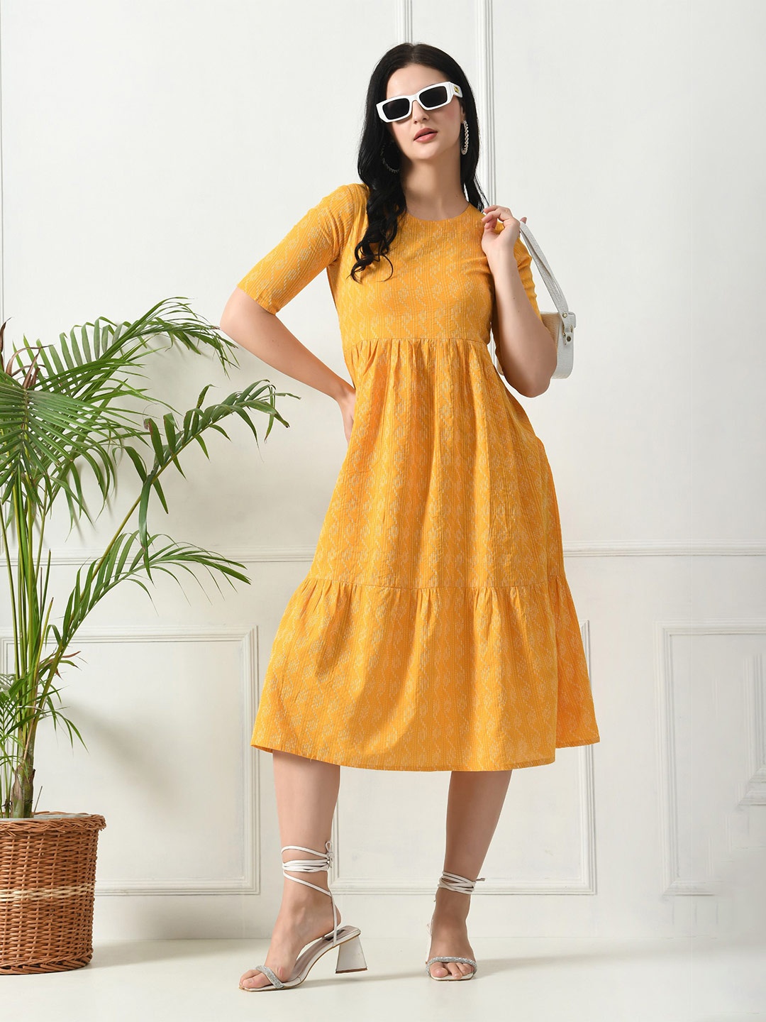 

LYCHNIS Printed Short Sleeves Cotton A-Line Midi Dress, Yellow