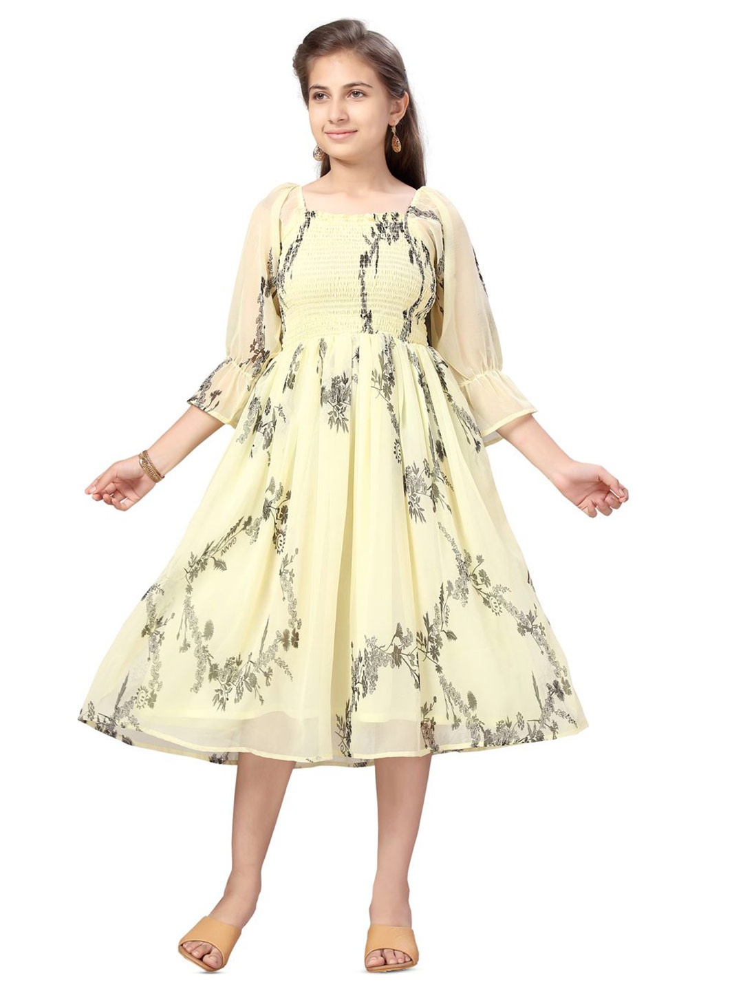 

BAESD Girls Puff Sleeves Fit & Flare Midi Dress, Yellow