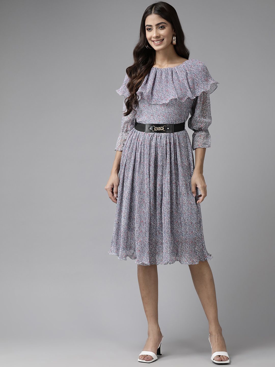

BAESD Floral Printed Georgette Fit and Flare Dress Comes with a belt, Purple