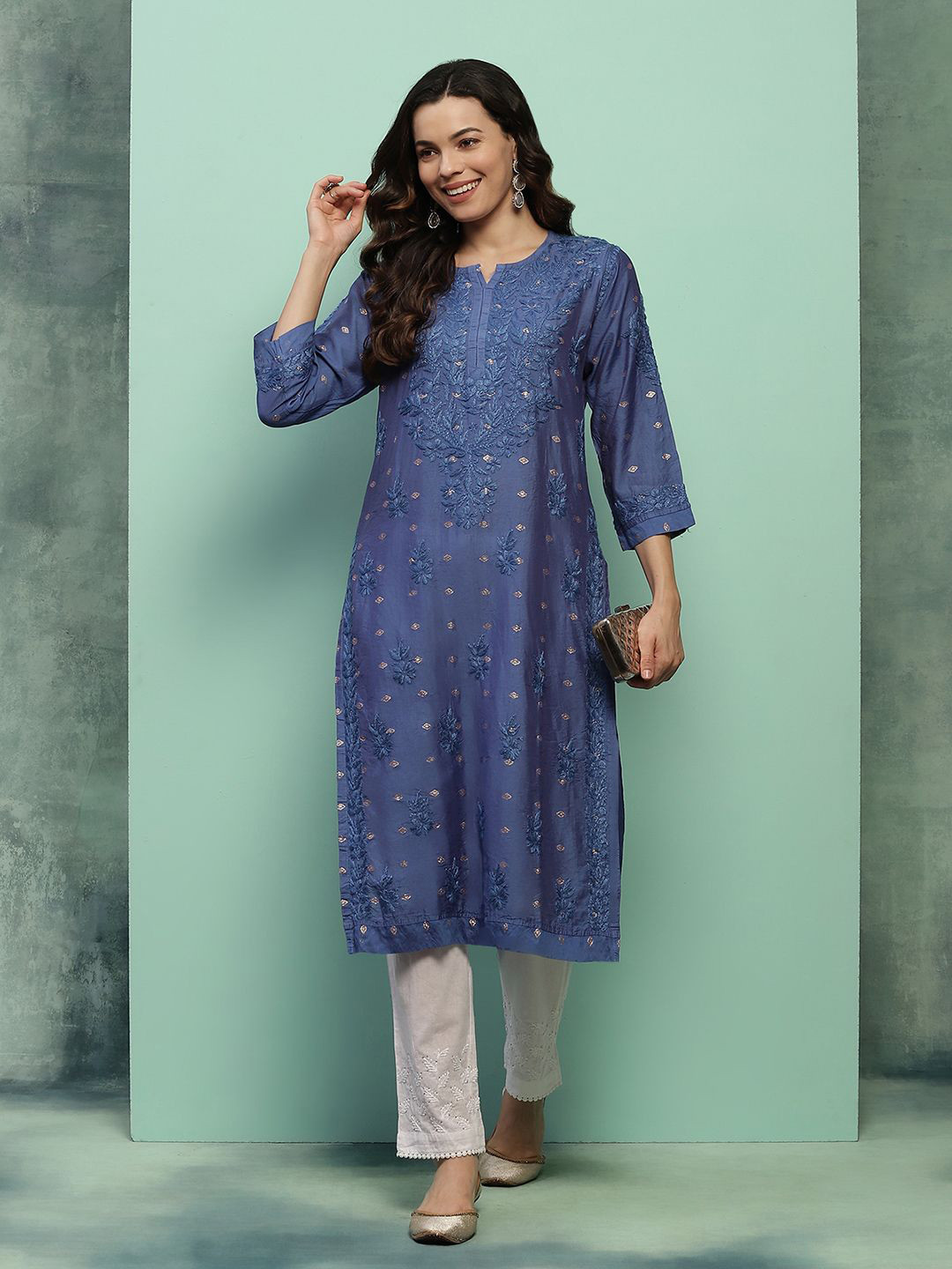 

House of Chikankari Floral Embroidered Chanderi Straight Kurta, Blue