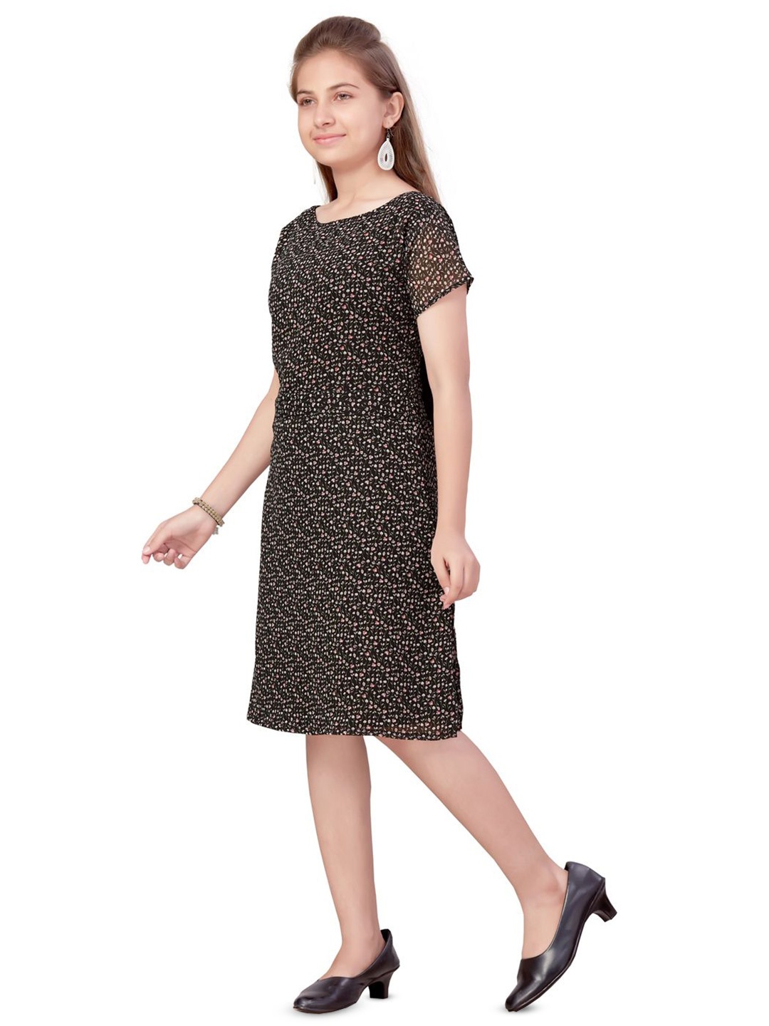 

BAESD Girls Printed Georgette A-Line Dress, Black