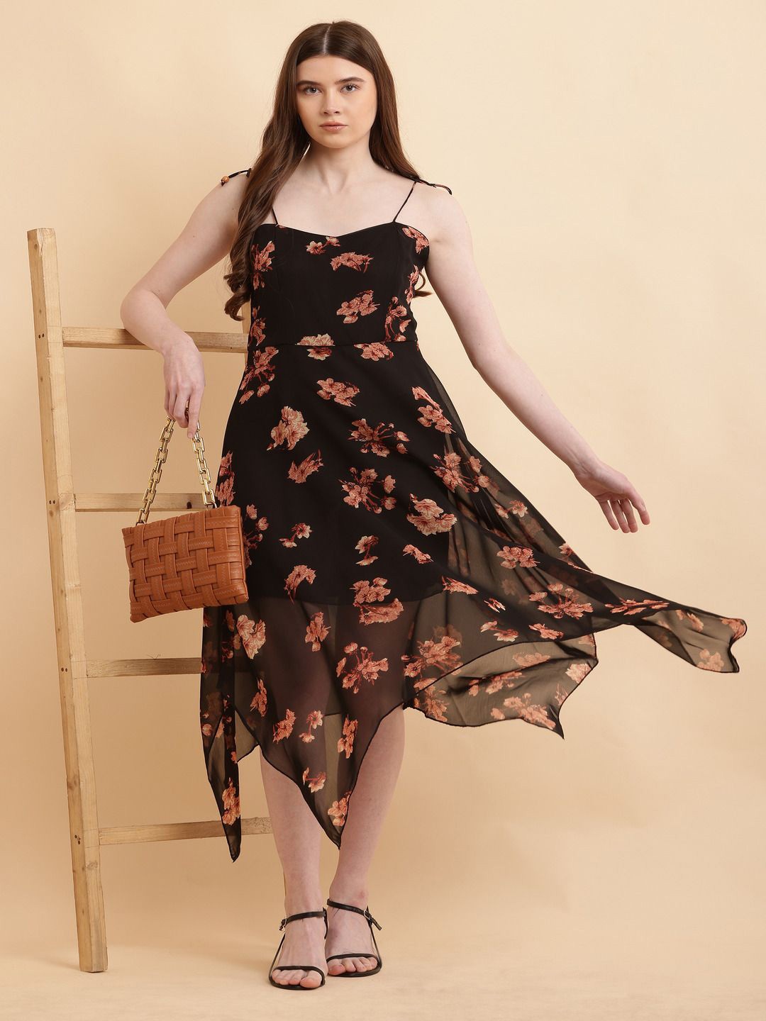 

Absorbing Floral Printed Sleeveless Fit and Flare Midi Dress, Black