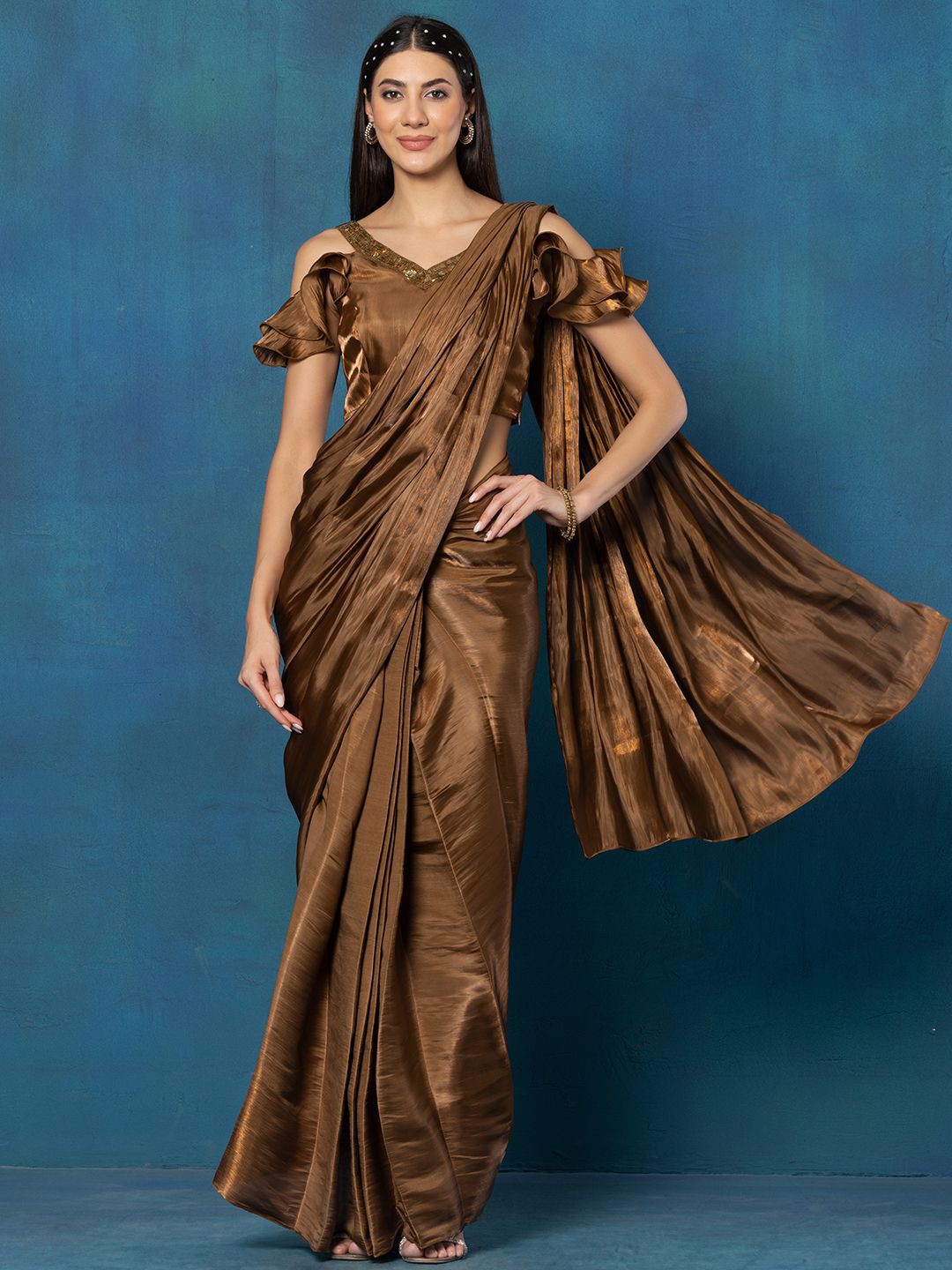 

Rang by Indya Shimmer Satin Ready to Wear Saree with Hand Embroidered Blouse, Copper