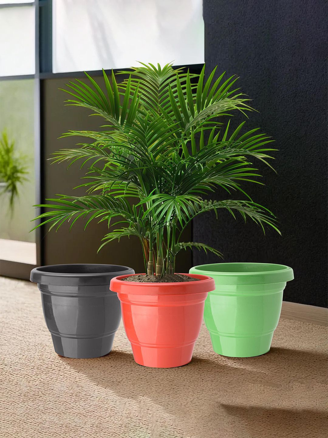 

Kuber Industries Green & Black 3 Pieces 2-Layered Planters, Red