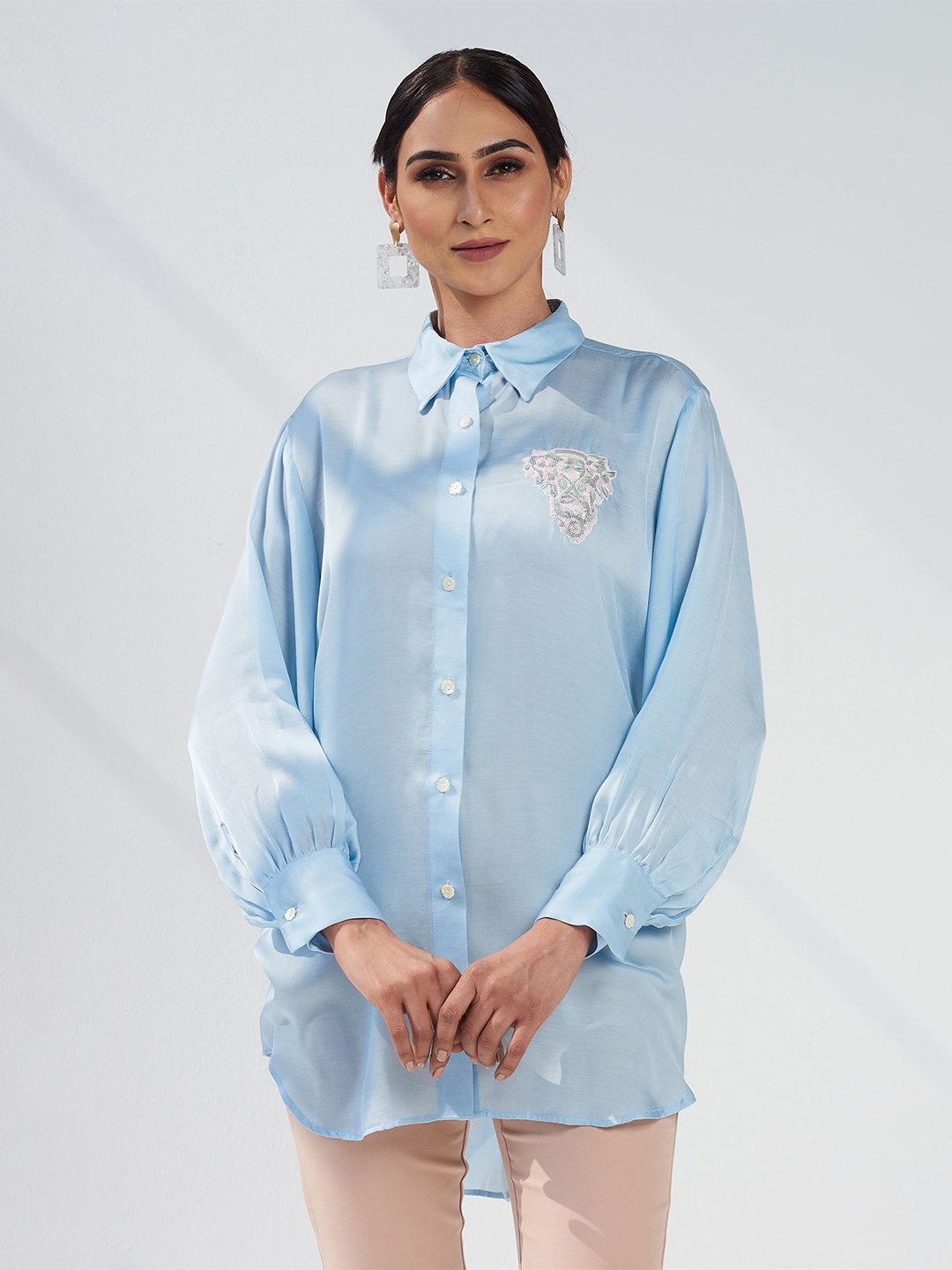 

SEVENDC Mandarin Collar Satin Shirt Style Top, Blue