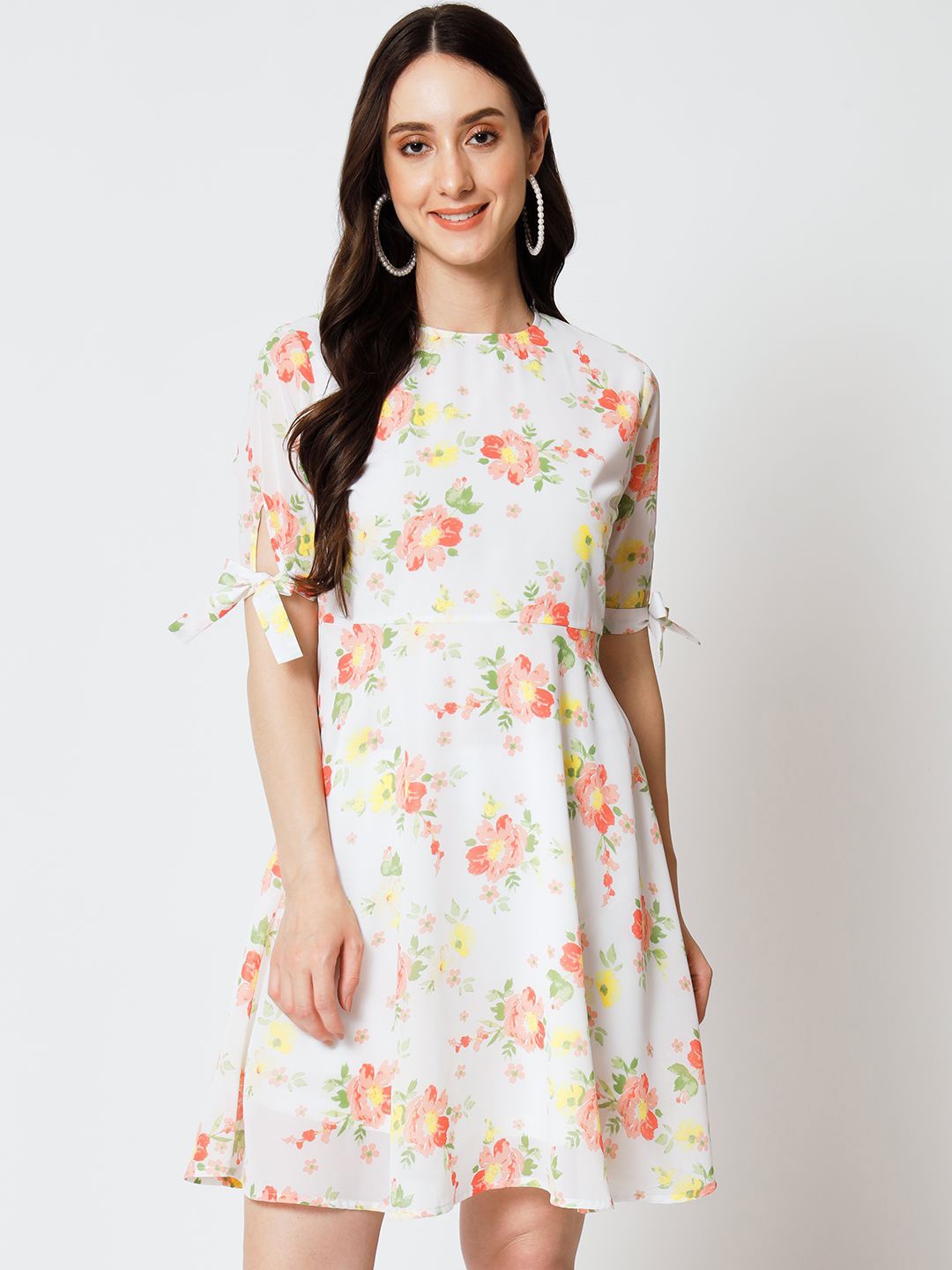 

Yaadleen Floral Printed Slit Sleeves Fit & Flare Dress, Off white
