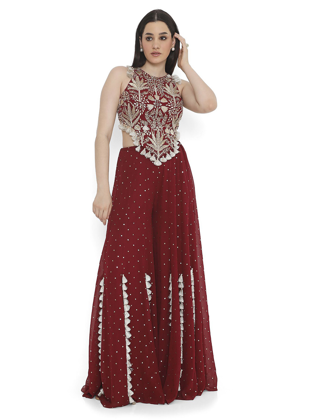 

Payal Singhal Embroidered Sleeveless Top & Flared Saharara Co-Ords, Maroon